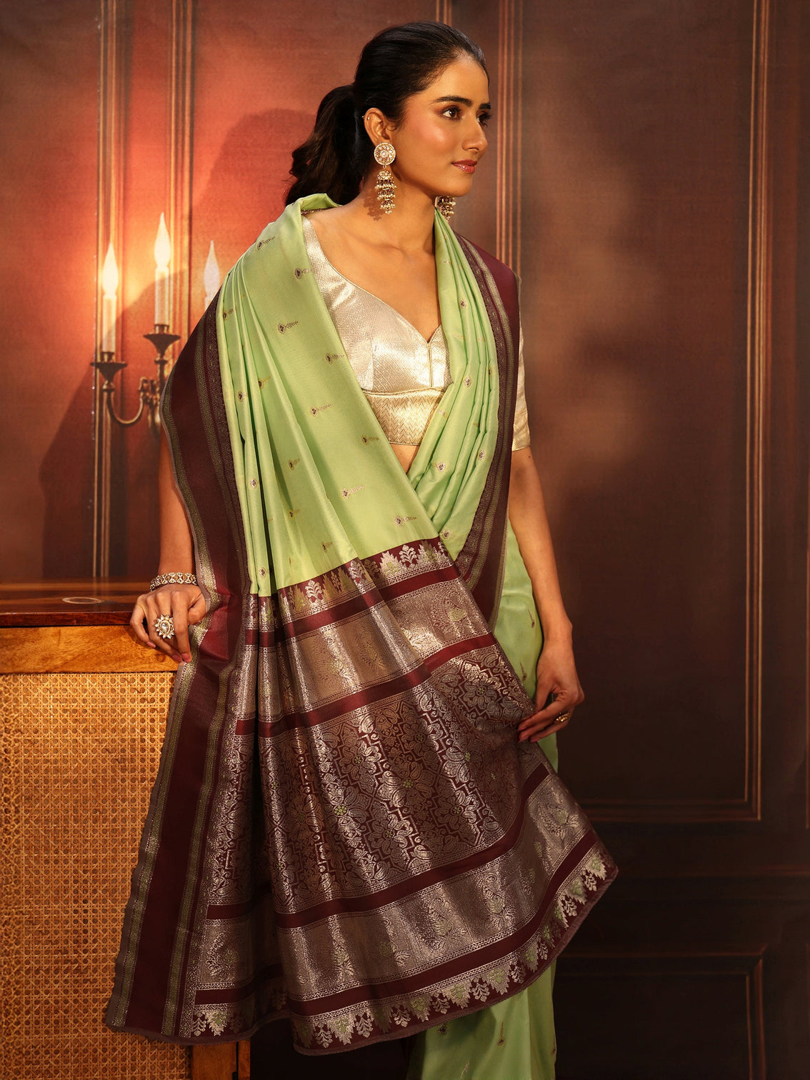 Mameraa Pista Green Kanjeevaram Silk Blend Saree