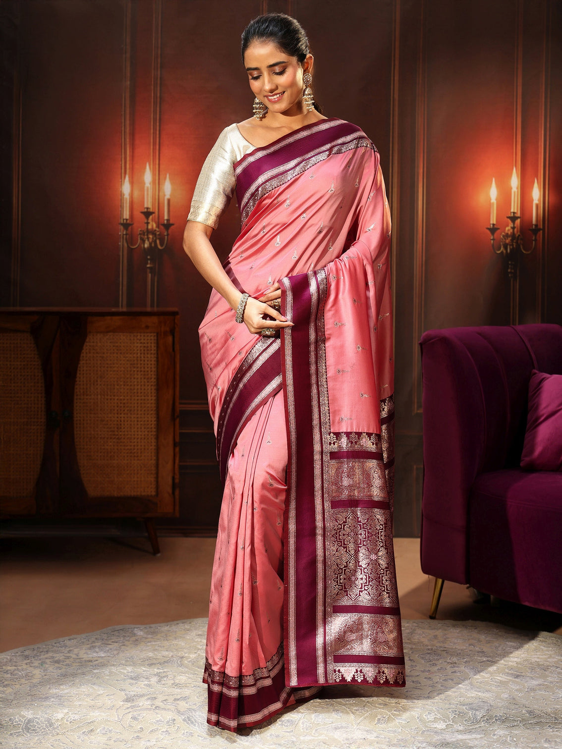 Mameraa Coral Pink Kanjeevaram Silk Blend Saree