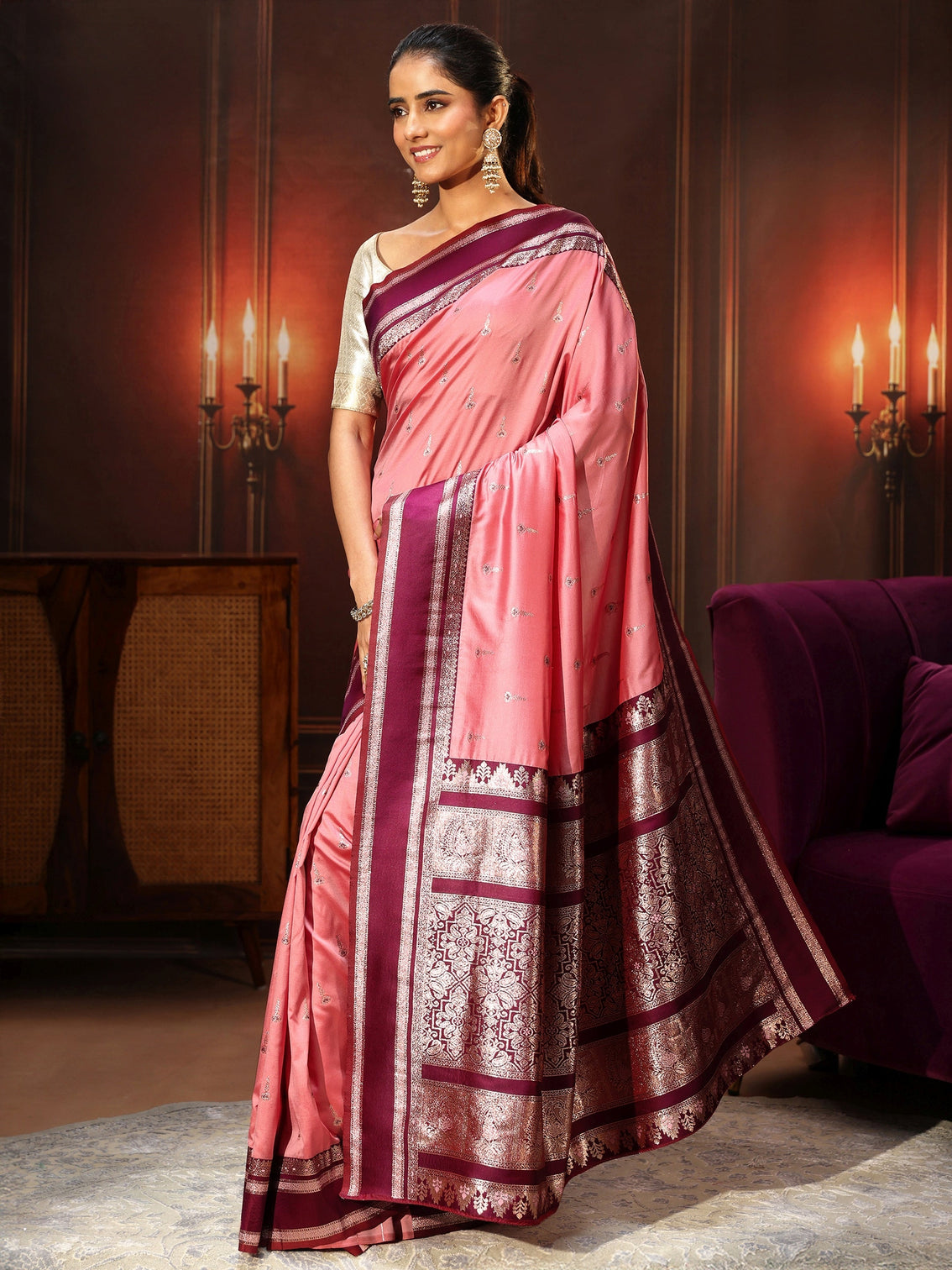 Mameraa Coral Pink Kanjeevaram Silk Blend Saree