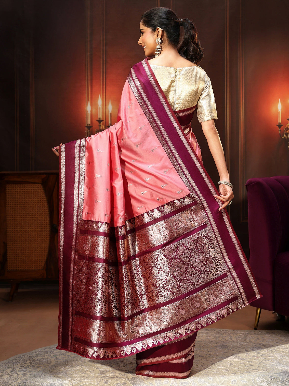 Mameraa Coral Pink Kanjeevaram Silk Blend Saree