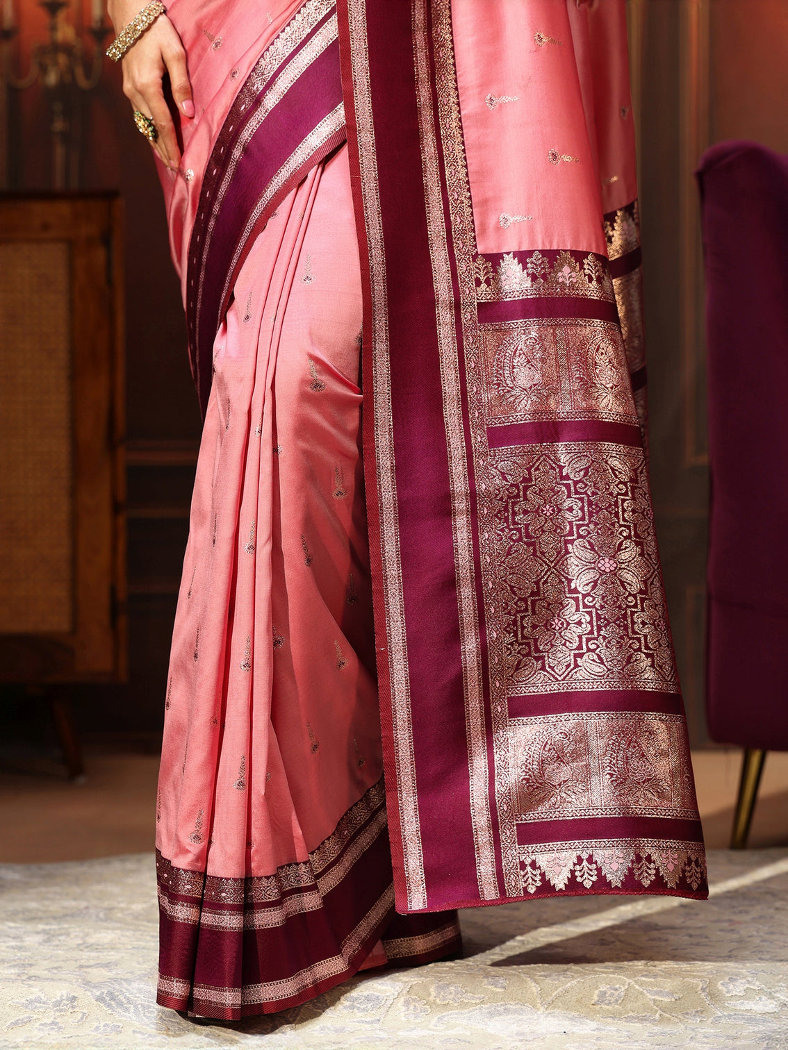 Mameraa Coral Pink Kanjeevaram Silk Blend Saree