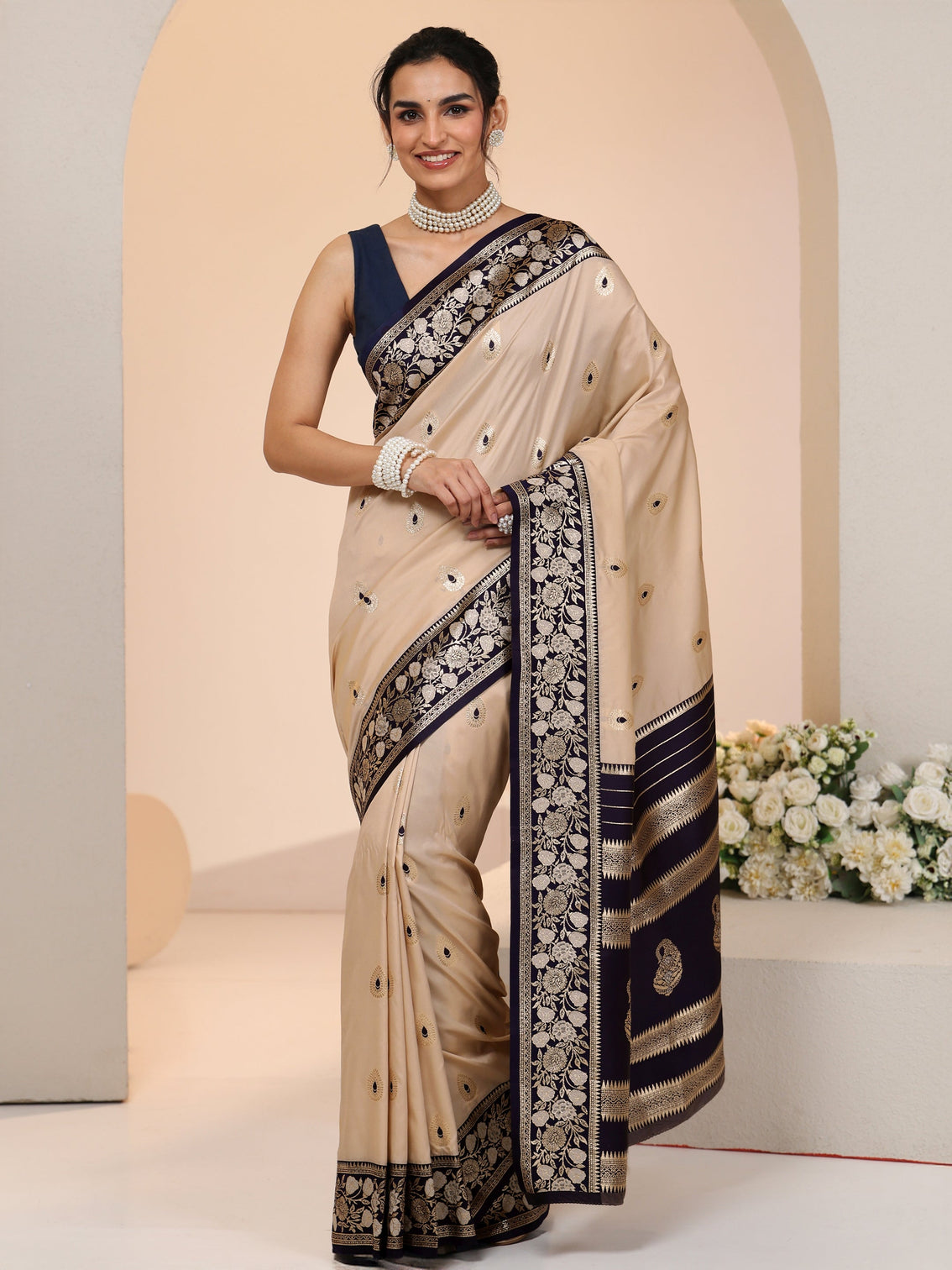 Mameraa Beige Woven Design Silk Blend Saree