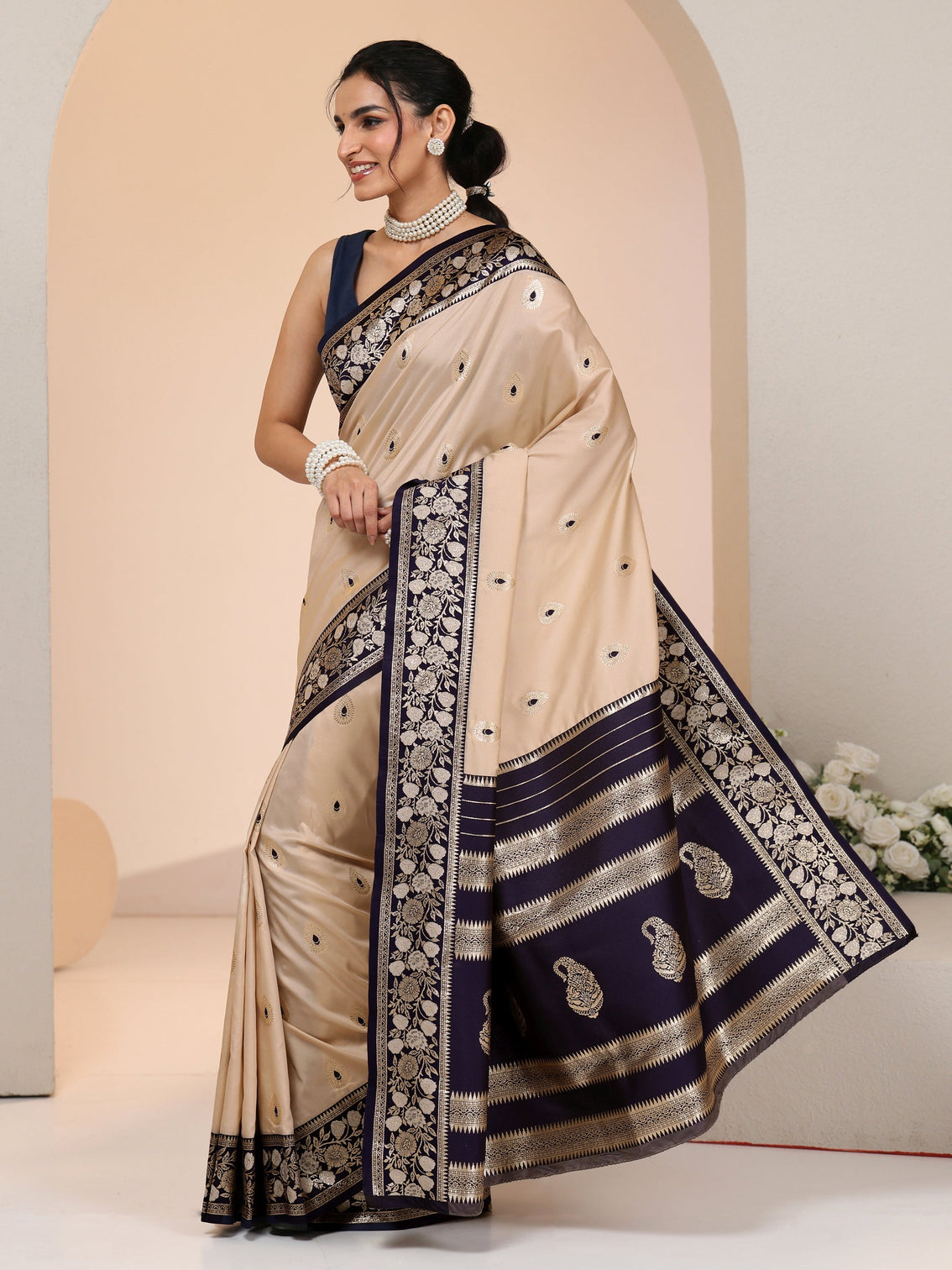 Mameraa Beige Woven Design Silk Blend Saree