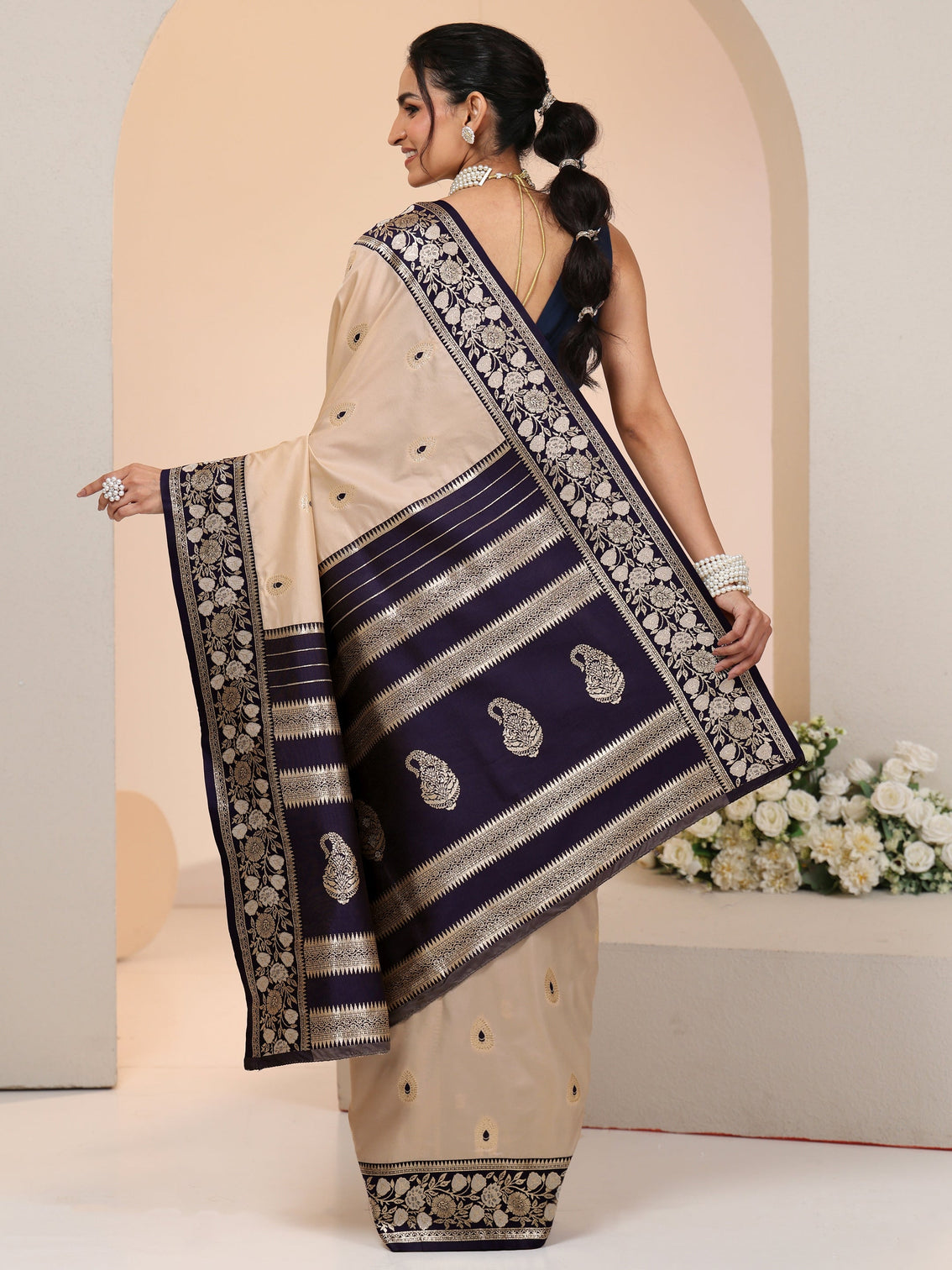 Mameraa Beige Woven Design Silk Blend Saree