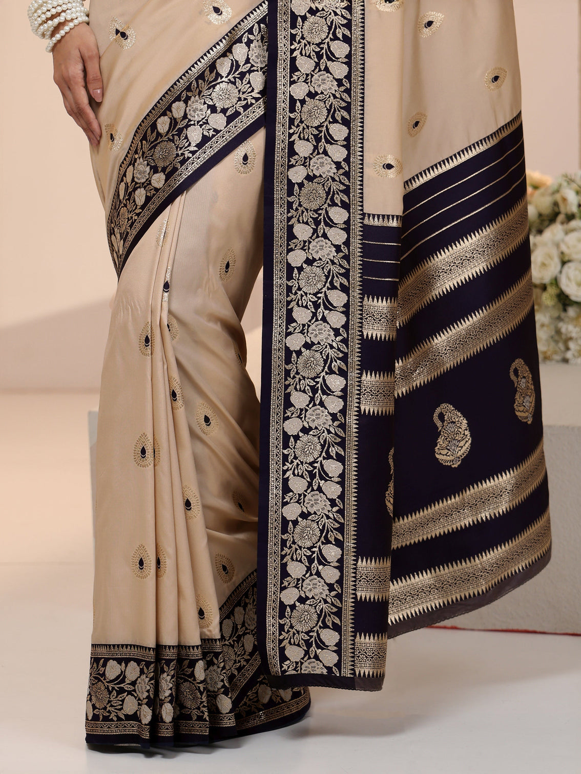 Mameraa Beige Woven Design Silk Blend Saree