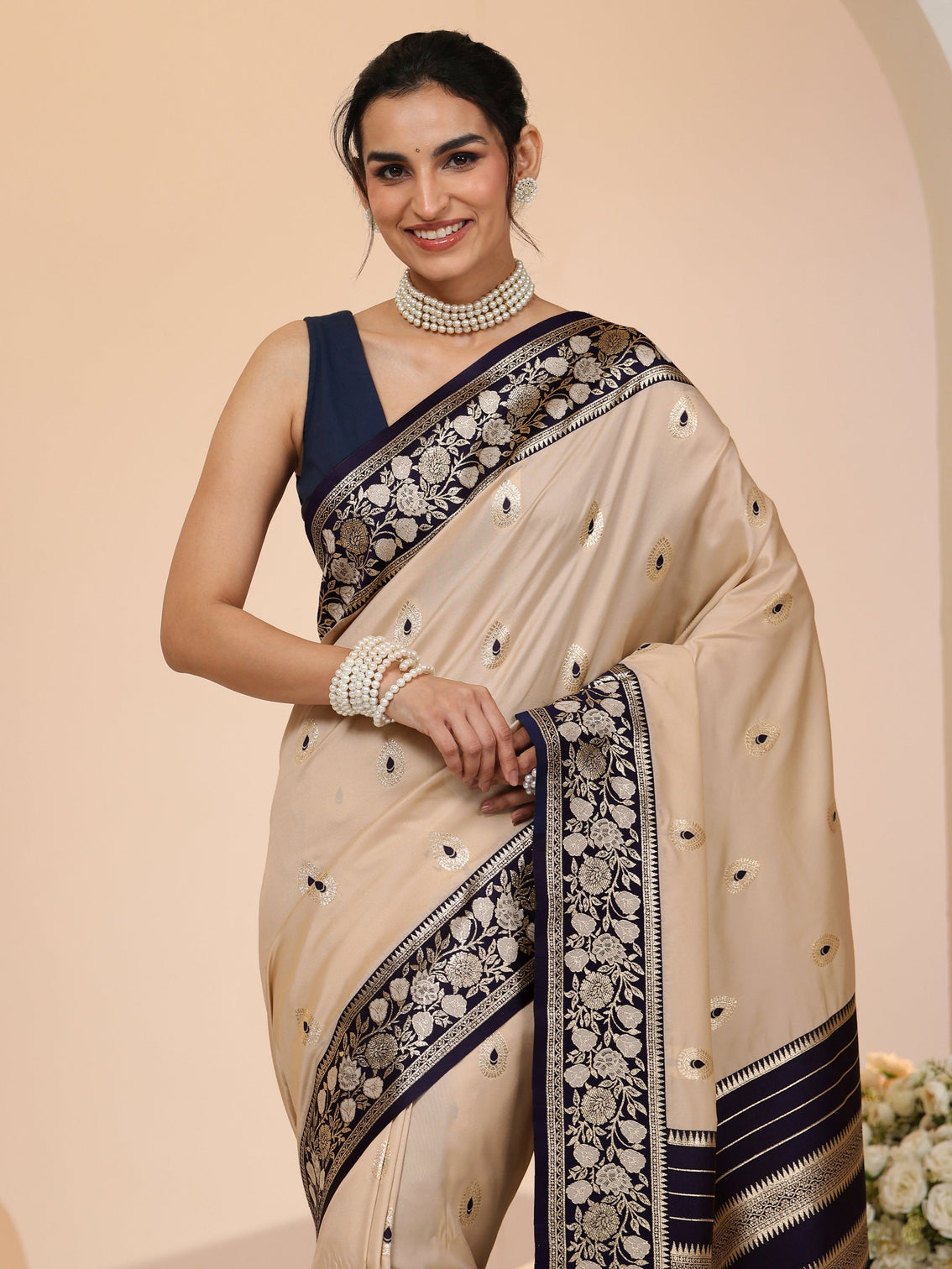 Mameraa Beige Woven Design Silk Blend Saree
