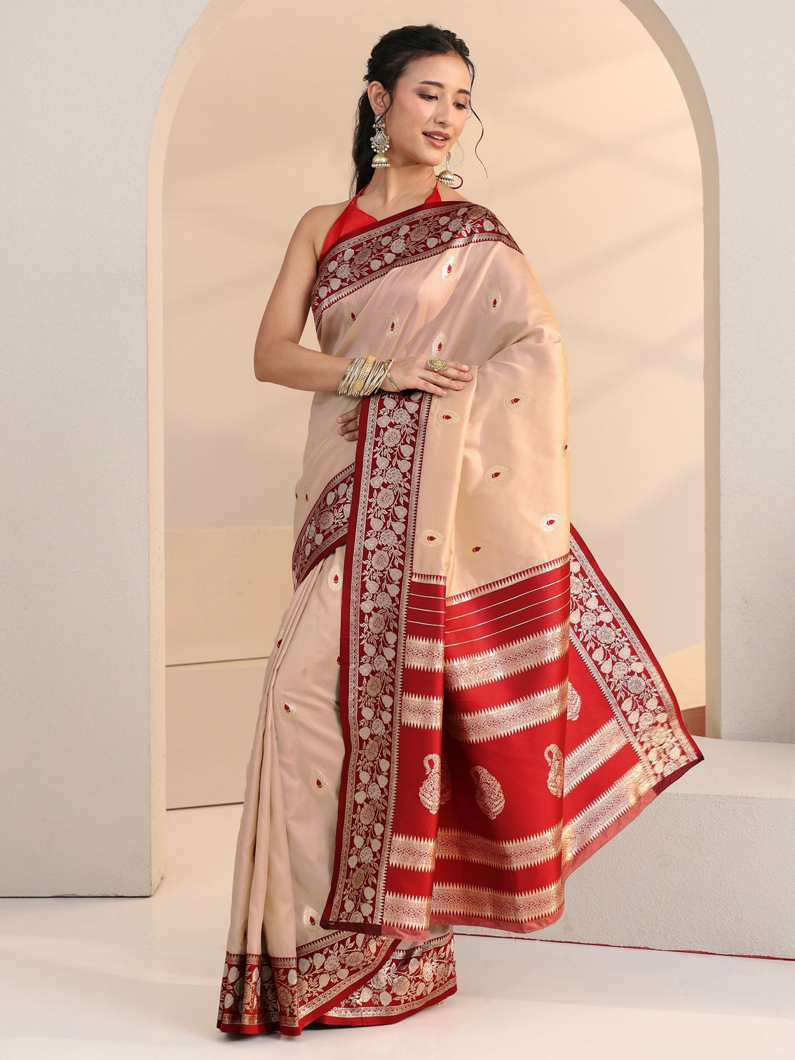 Mameraa Beige Woven Design Silk Blend Saree