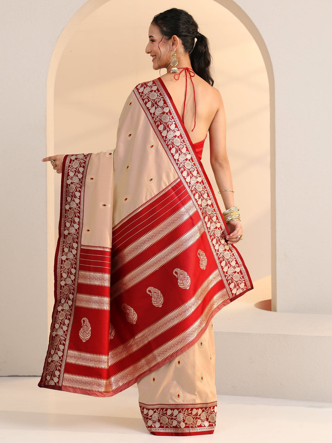 Mameraa Beige Woven Design Silk Blend Saree