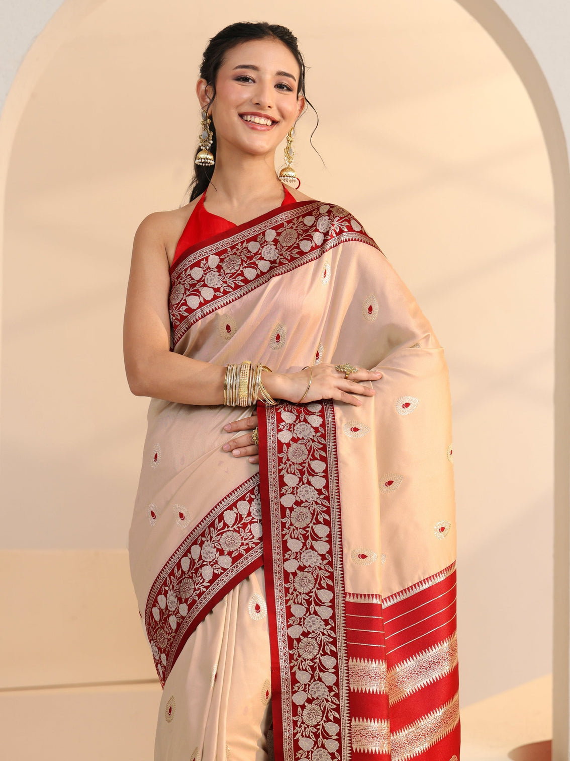 Mameraa Beige Woven Design Silk Blend Saree