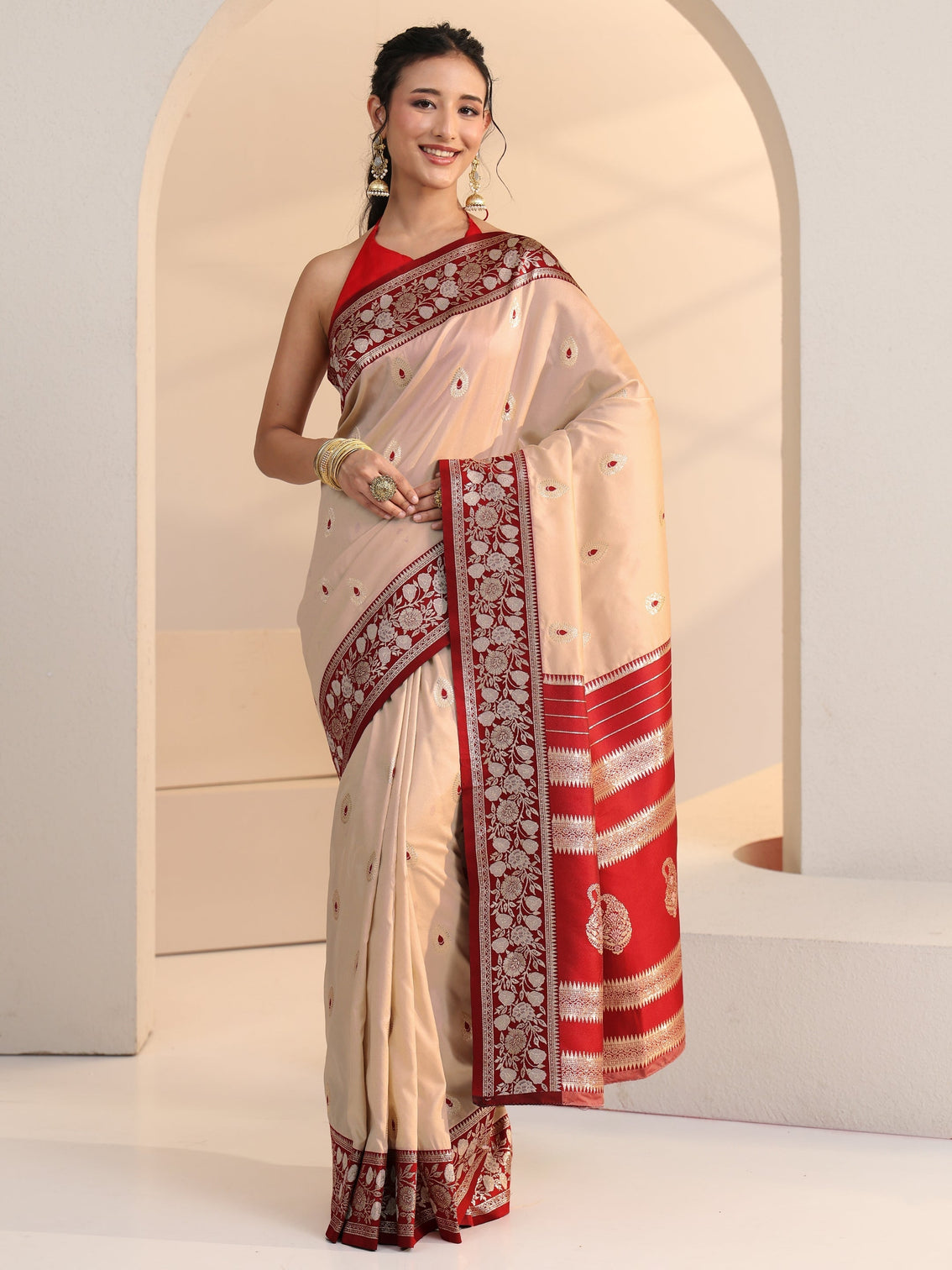 Mameraa Beige Woven Design Silk Blend Saree
