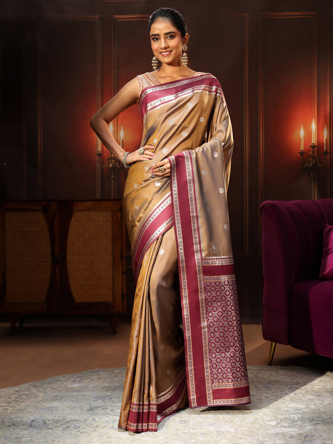 Mameraa Brown Kanjeevaram Silk Blend Saree