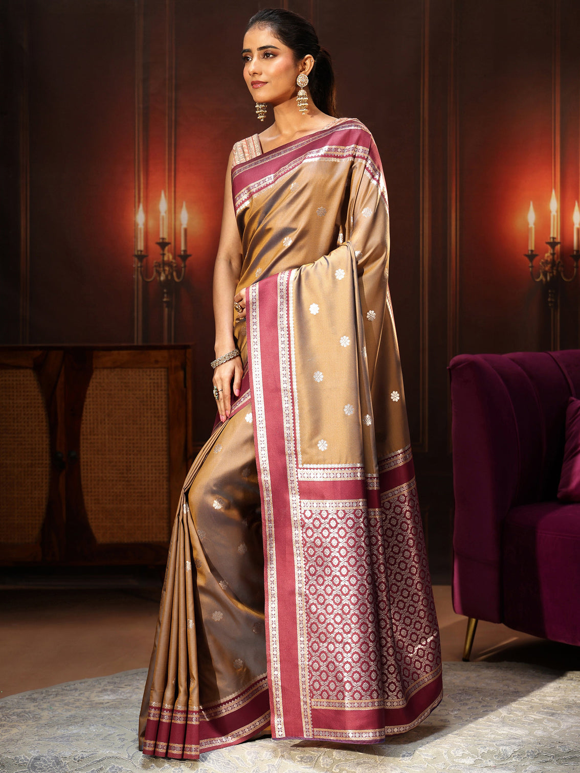 Mameraa Brown Kanjeevaram Silk Blend Saree