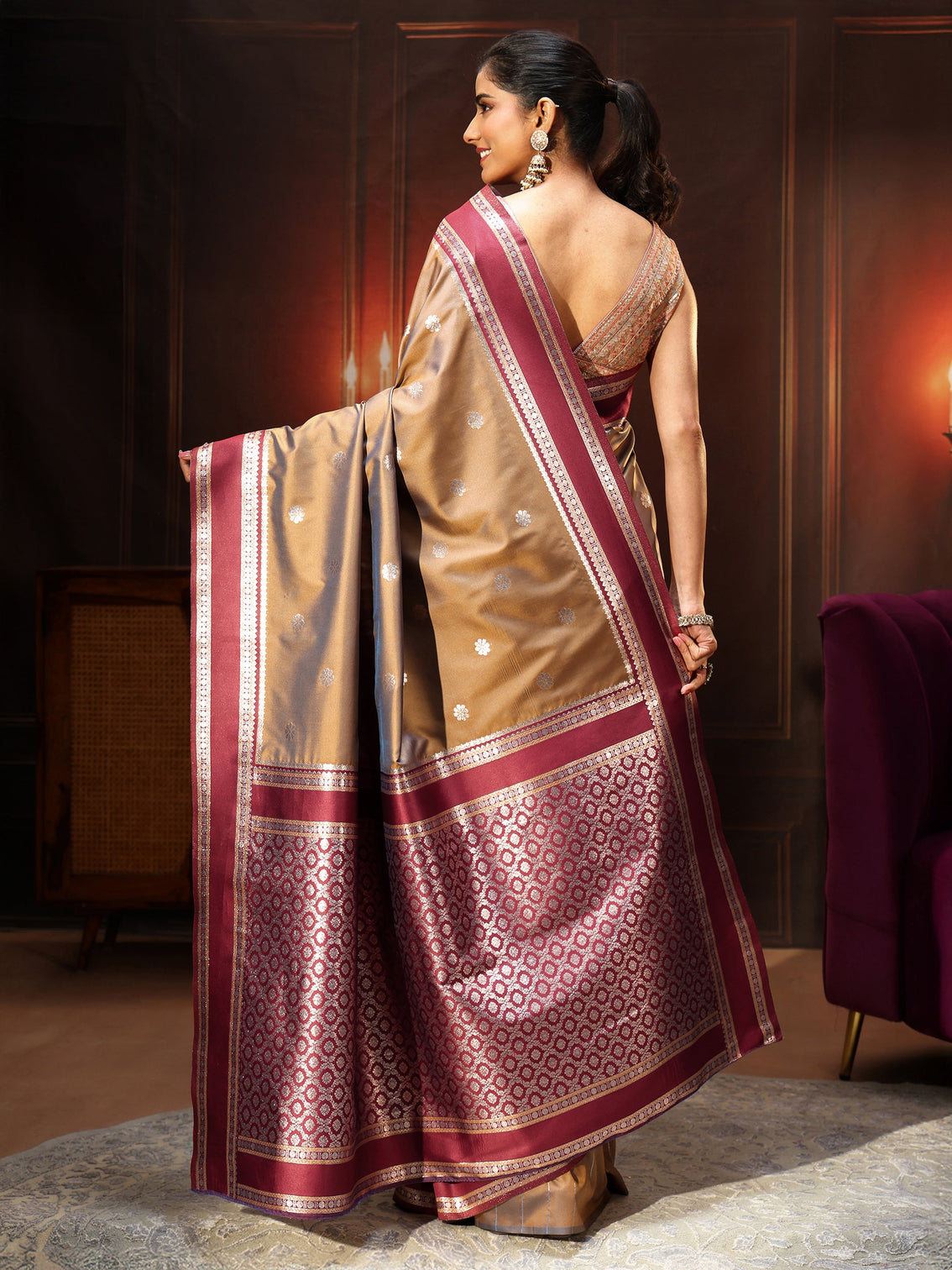 Mameraa Brown Kanjeevaram Silk Blend Saree