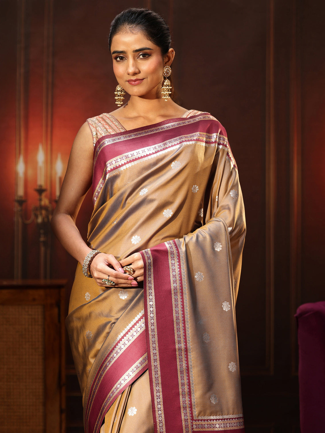 Mameraa Brown Kanjeevaram Silk Blend Saree