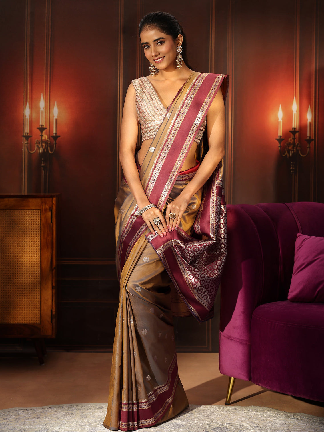 Mameraa Brown Kanjeevaram Silk Blend Saree