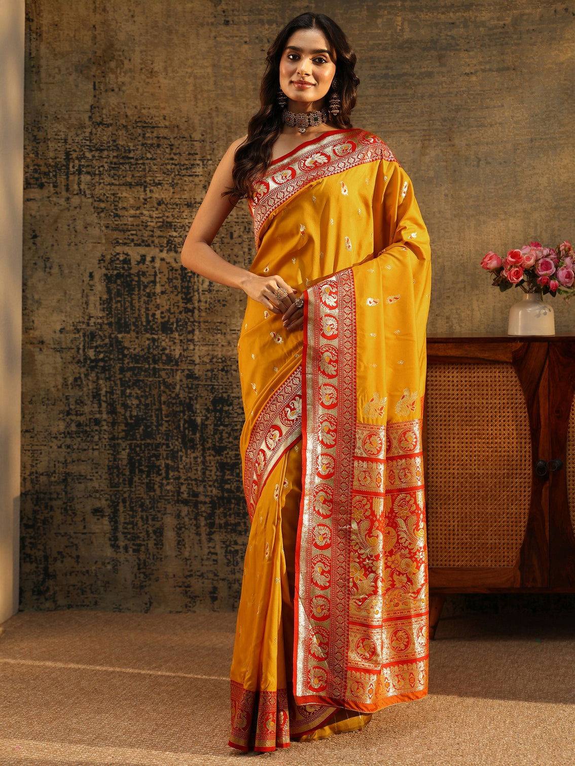 Mameraa Mustard Floral Woven Silk Blend Saree