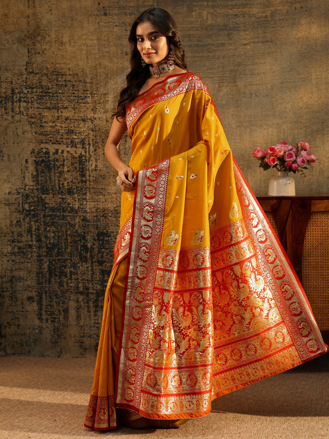 Mameraa Mustard Floral Woven Silk Blend Saree