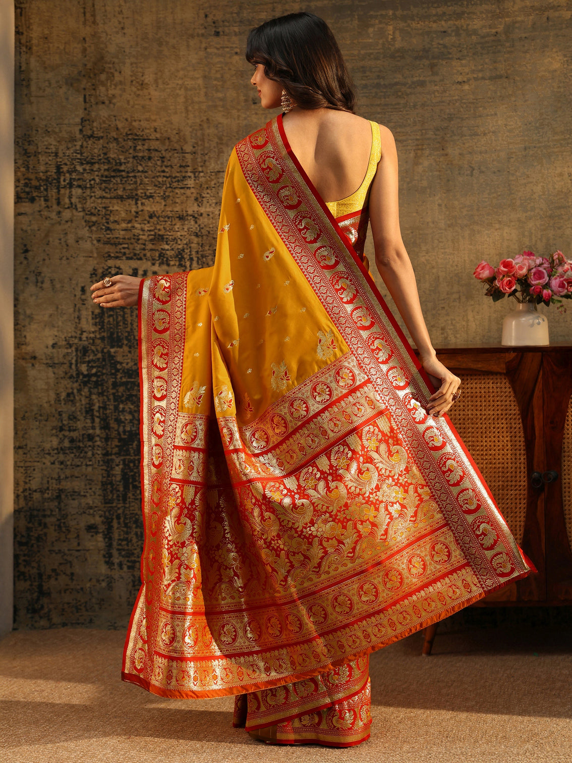 Mameraa Mustard Floral Woven Silk Blend Saree