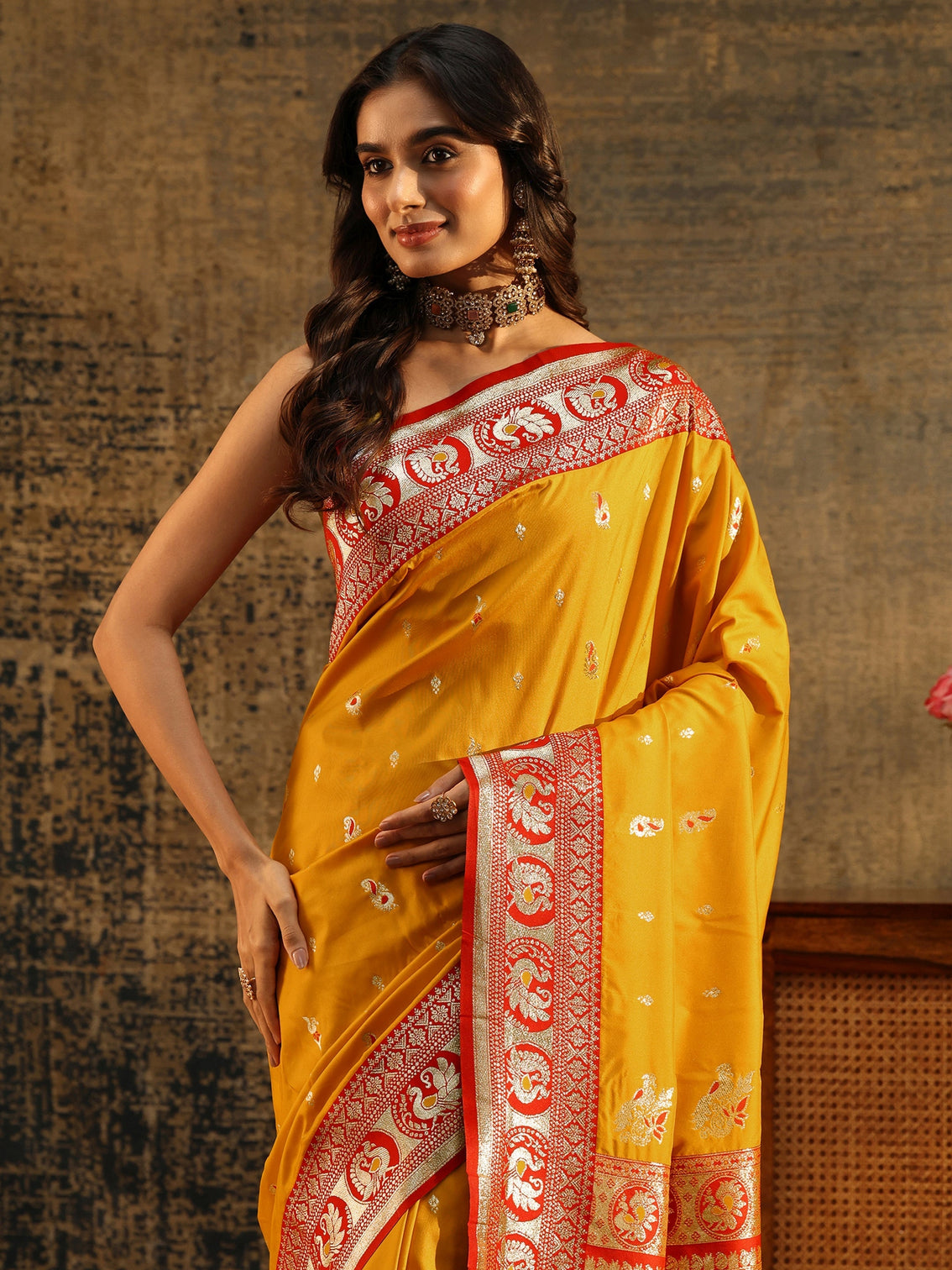 Mameraa Mustard Floral Woven Silk Blend Saree