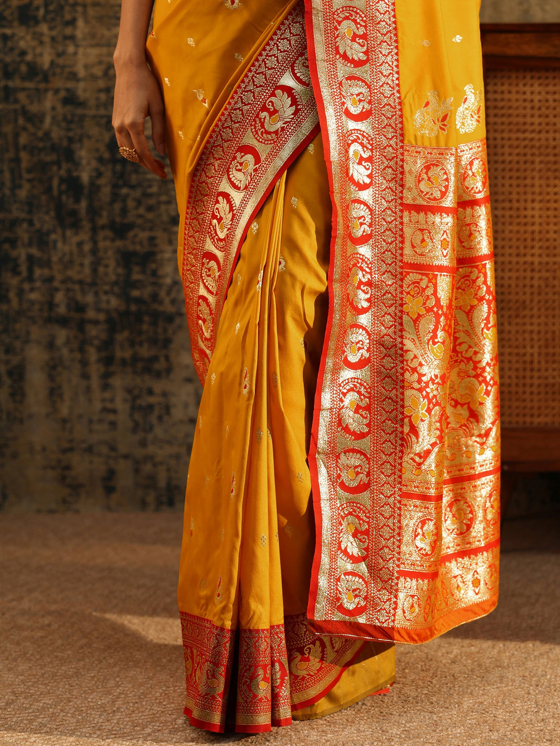 Mameraa Mustard Floral Woven Silk Blend Saree
