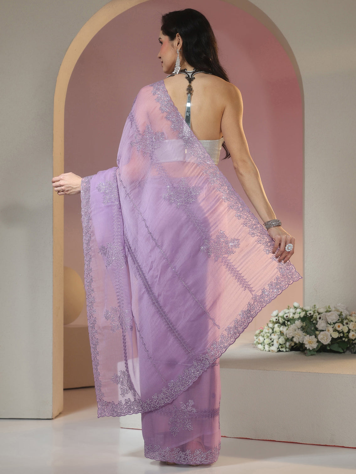 Mameraa Lavender Floral Embellished Silk Blend Saree