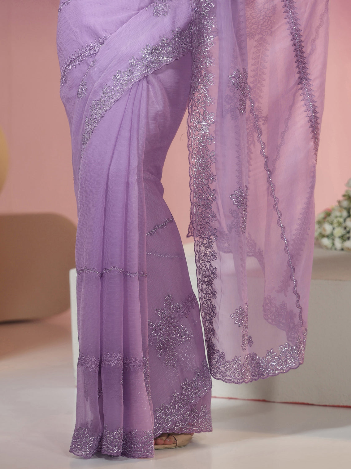 Mameraa Lavender Floral Embellished Silk Blend Saree
