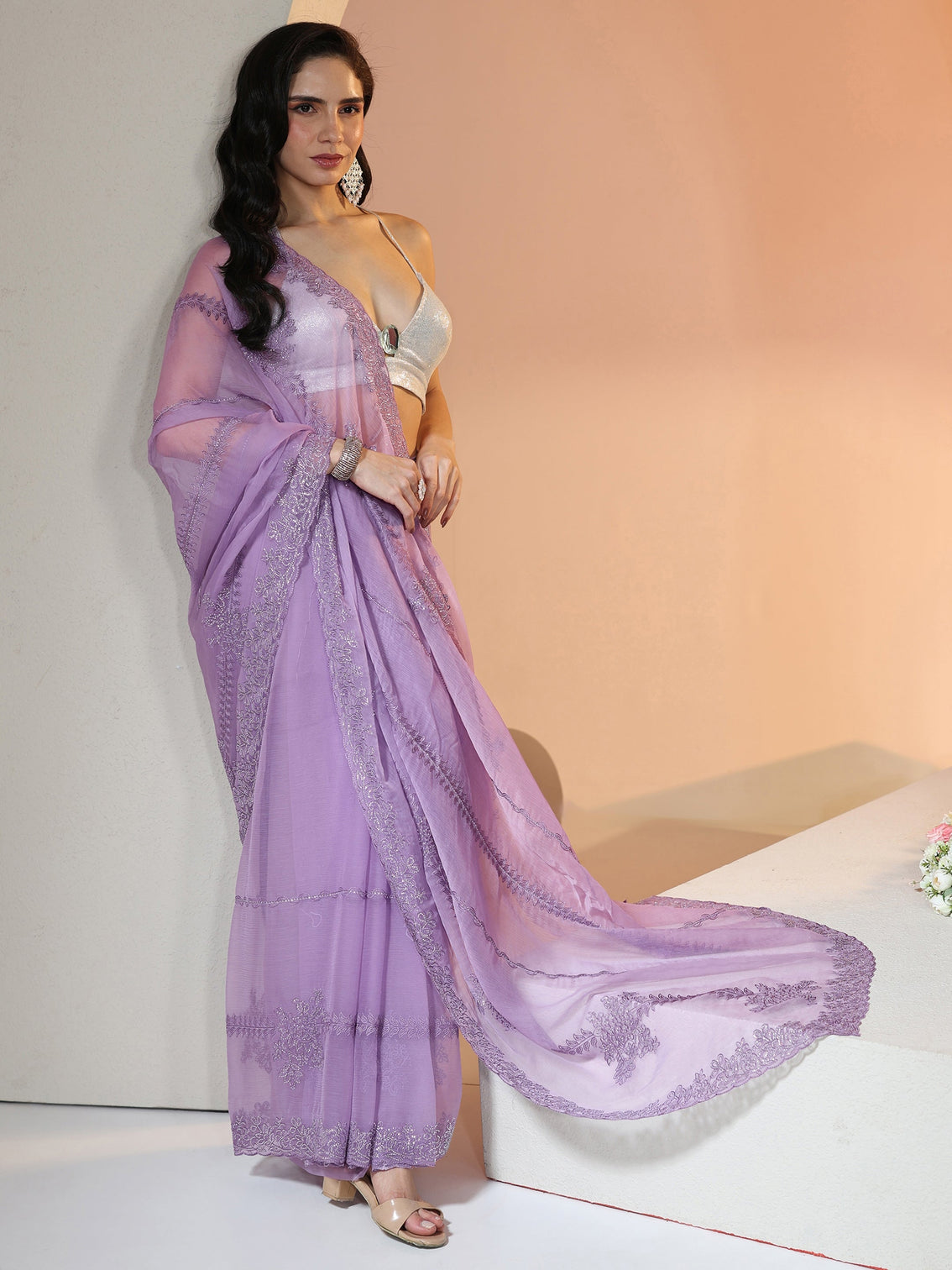 Mameraa Lavender Floral Embellished Silk Blend Saree