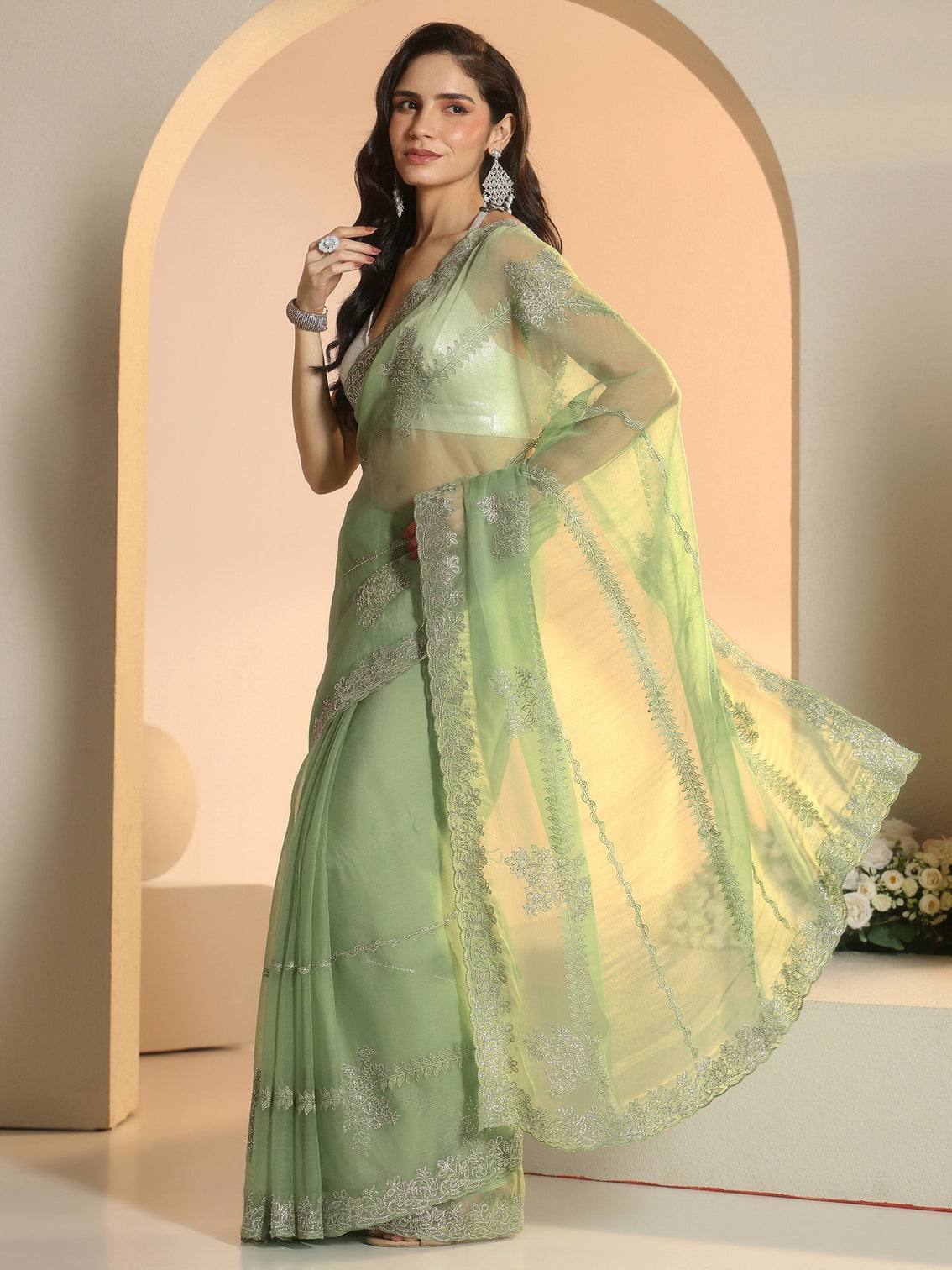 Mameraa Pista Green Floral Embellished Silk Blend Saree