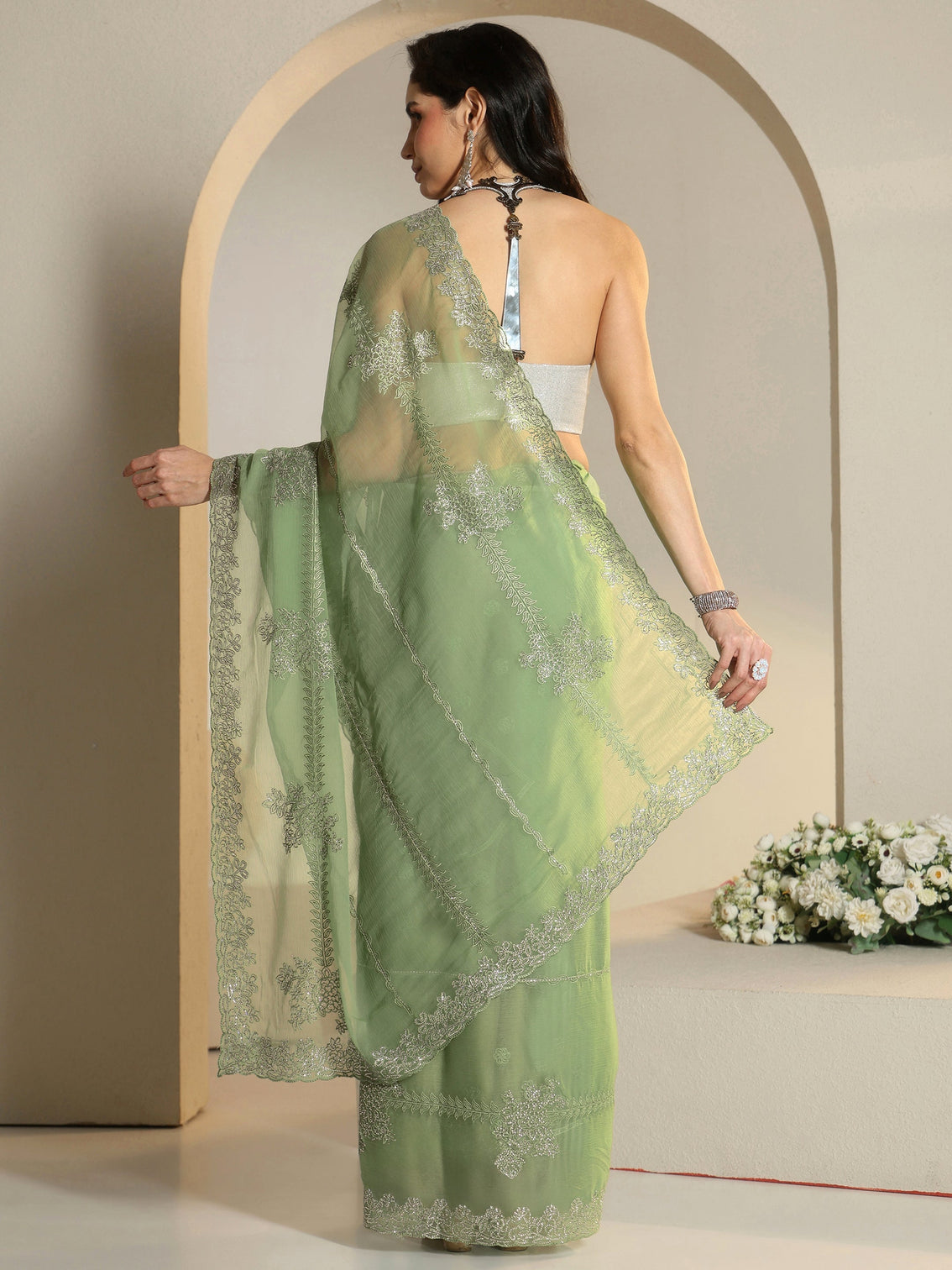 Mameraa Pista Green Floral Embellished Silk Blend Saree