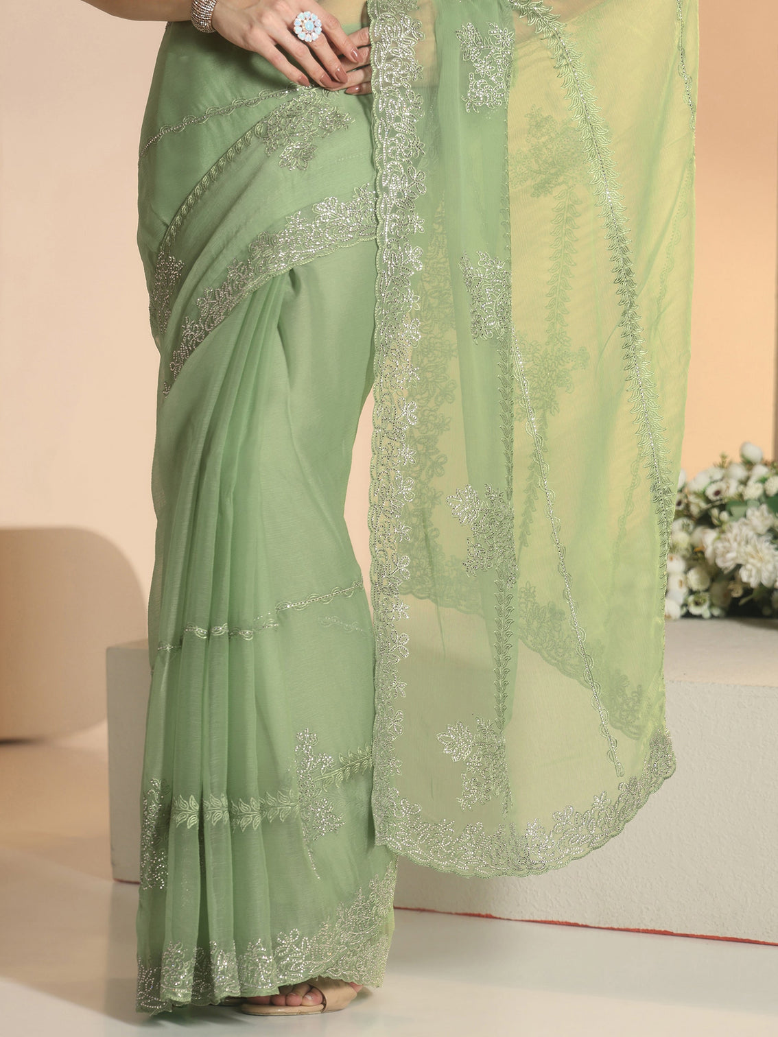 Mameraa Pista Green Floral Embellished Silk Blend Saree