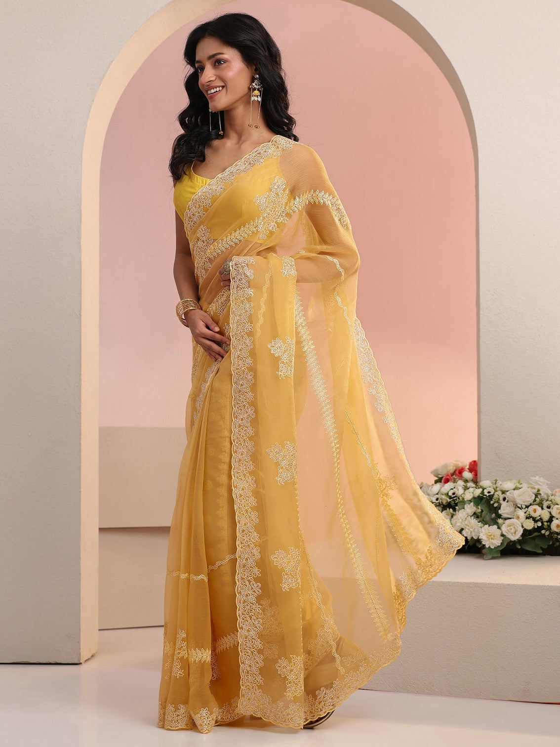 Mameraa Yellow Floral Embellished Silk Blend Saree