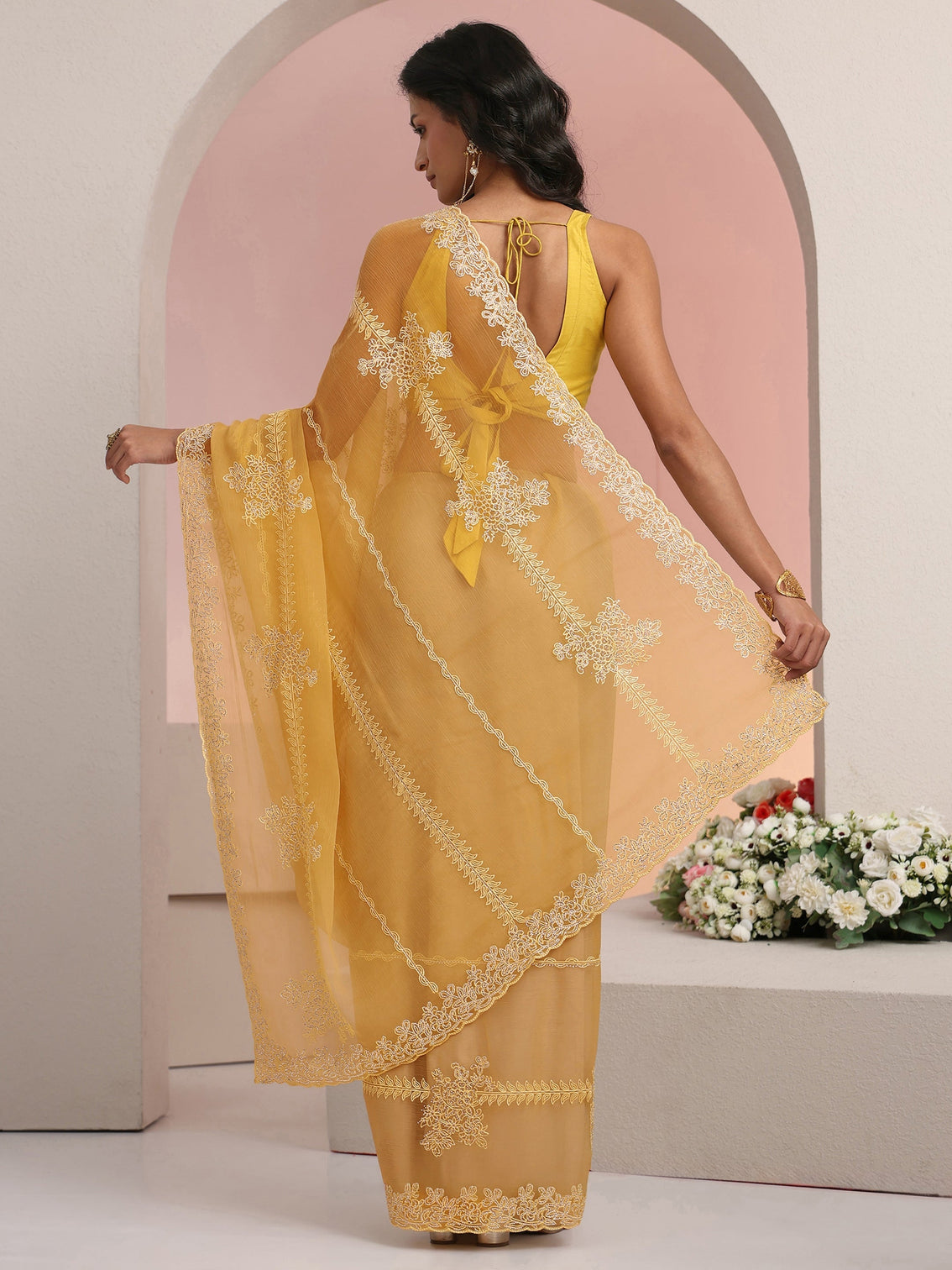 Mameraa Yellow Floral Embellished Silk Blend Saree