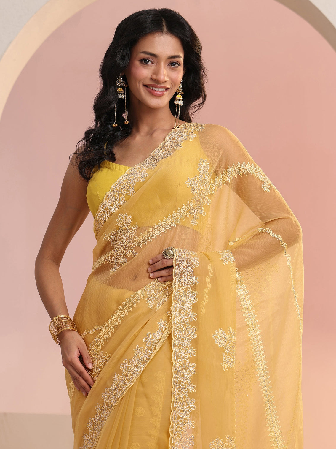 Mameraa Yellow Floral Embellished Silk Blend Saree