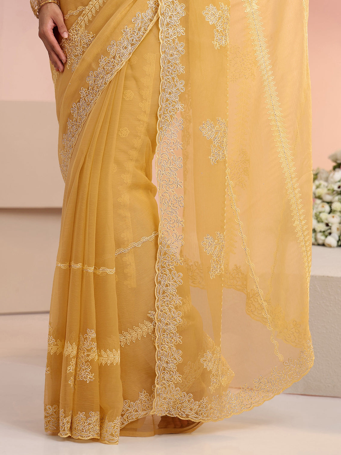 Mameraa Yellow Floral Embellished Silk Blend Saree