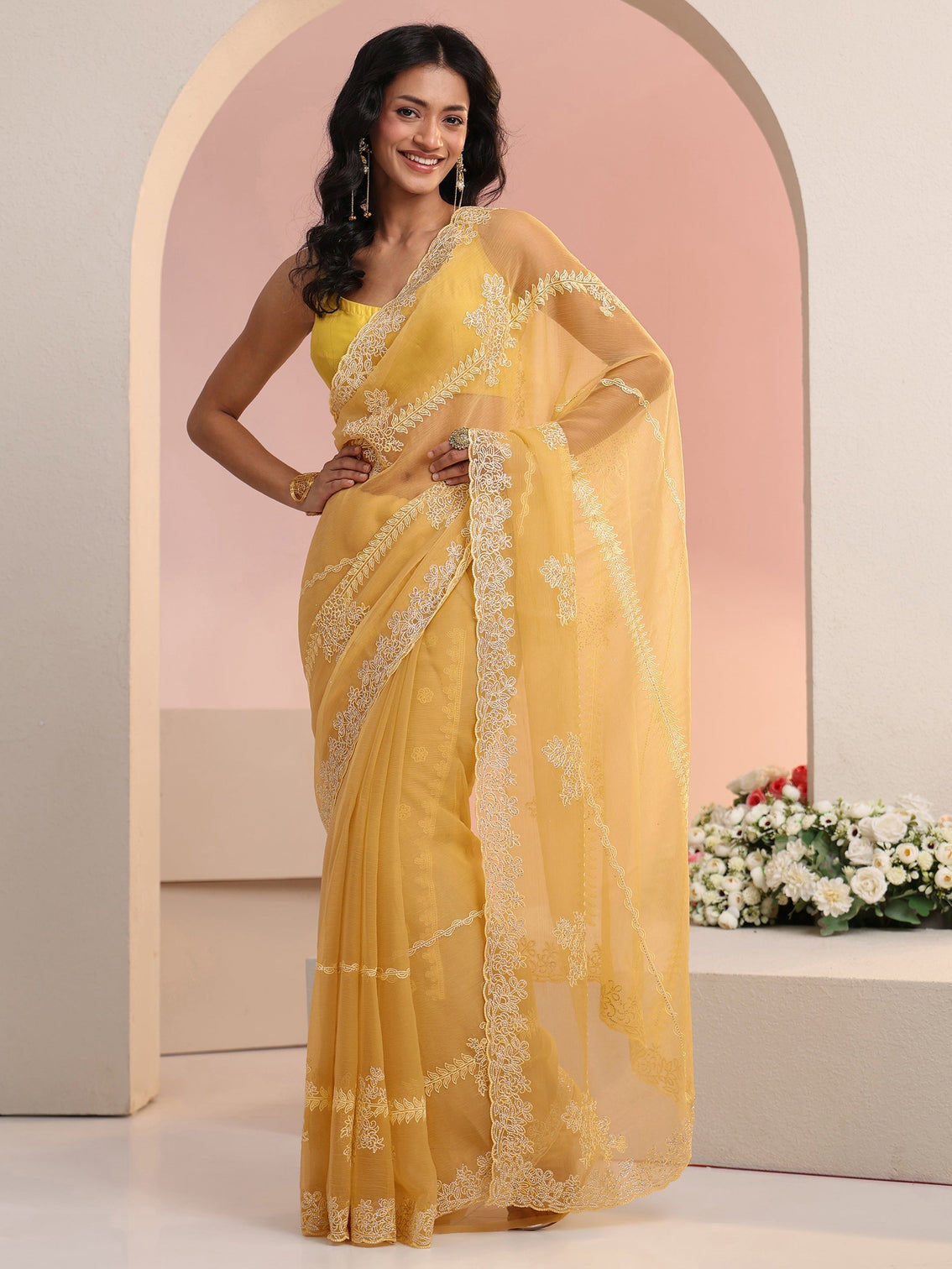 Mameraa Yellow Floral Embellished Silk Blend Saree