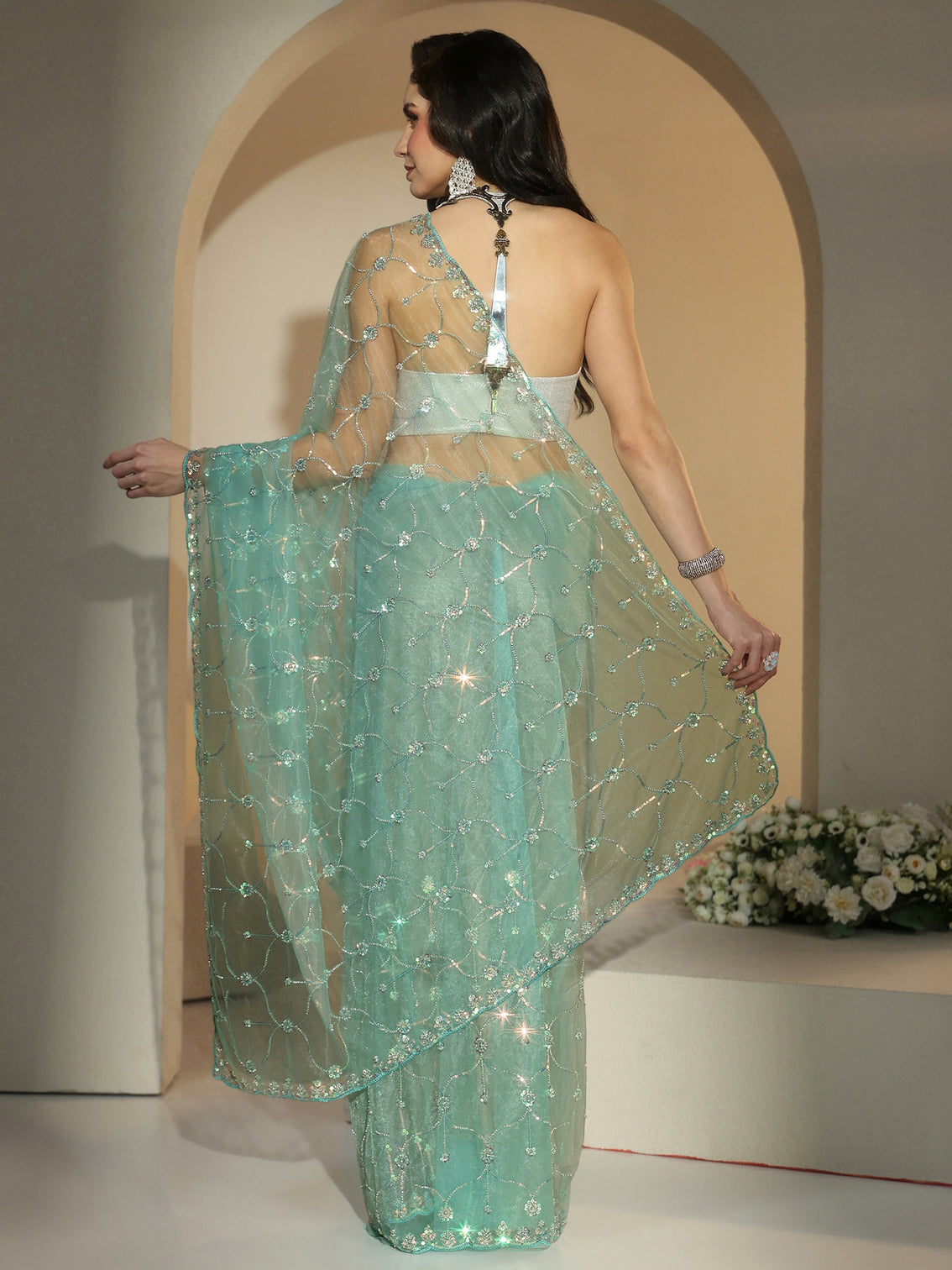Mameraa Sea Green Floral Embellished Net Saree