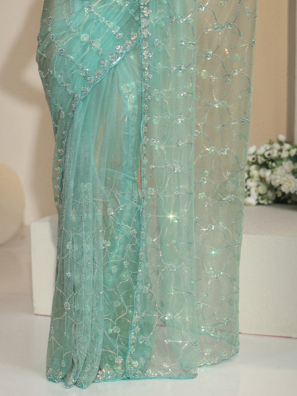 Mameraa Sea Green Floral Embellished Net Saree