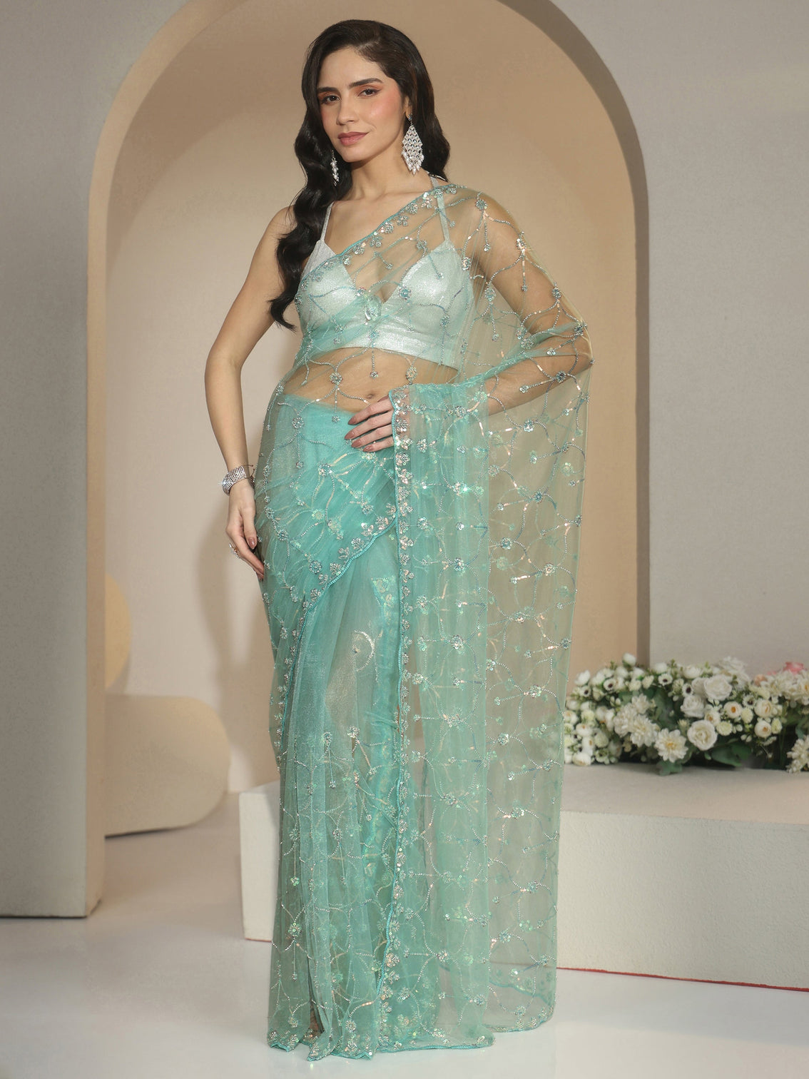Mameraa Sea Green Floral Embellished Net Saree