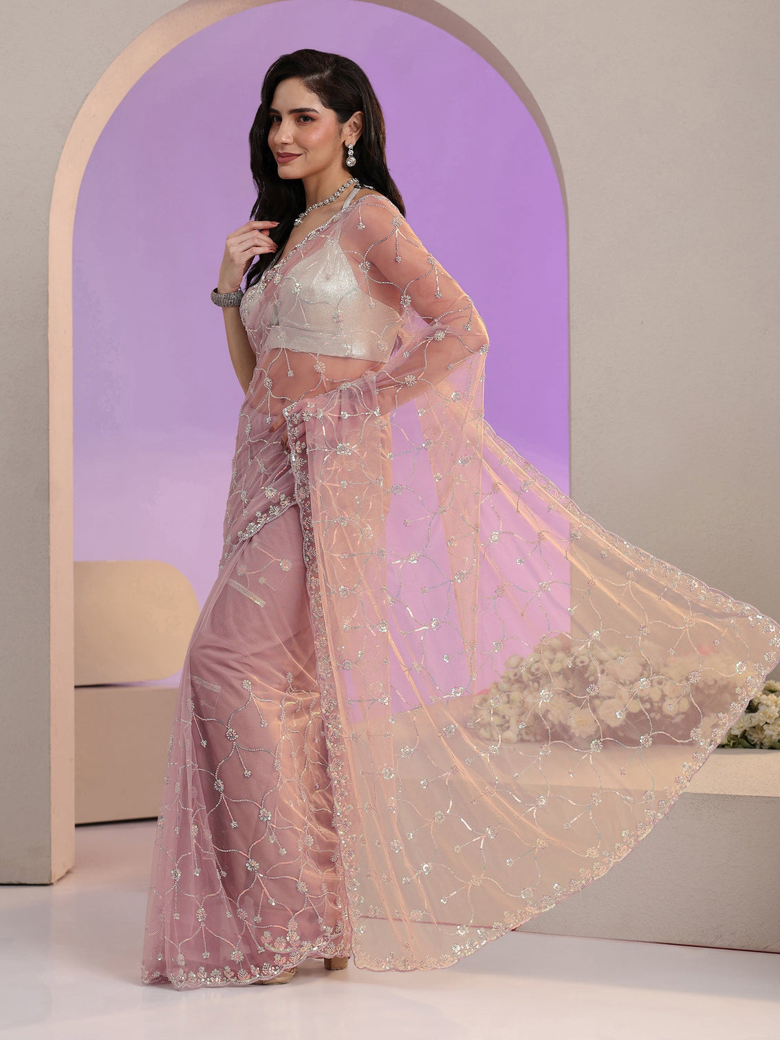 Mameraa Lavender Floral Embellished Net Saree