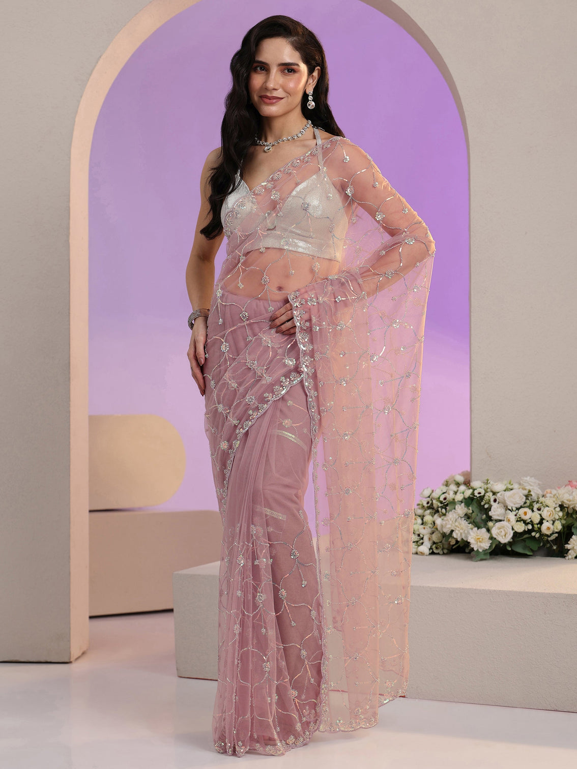 Mameraa Lavender Floral Embellished Net Saree