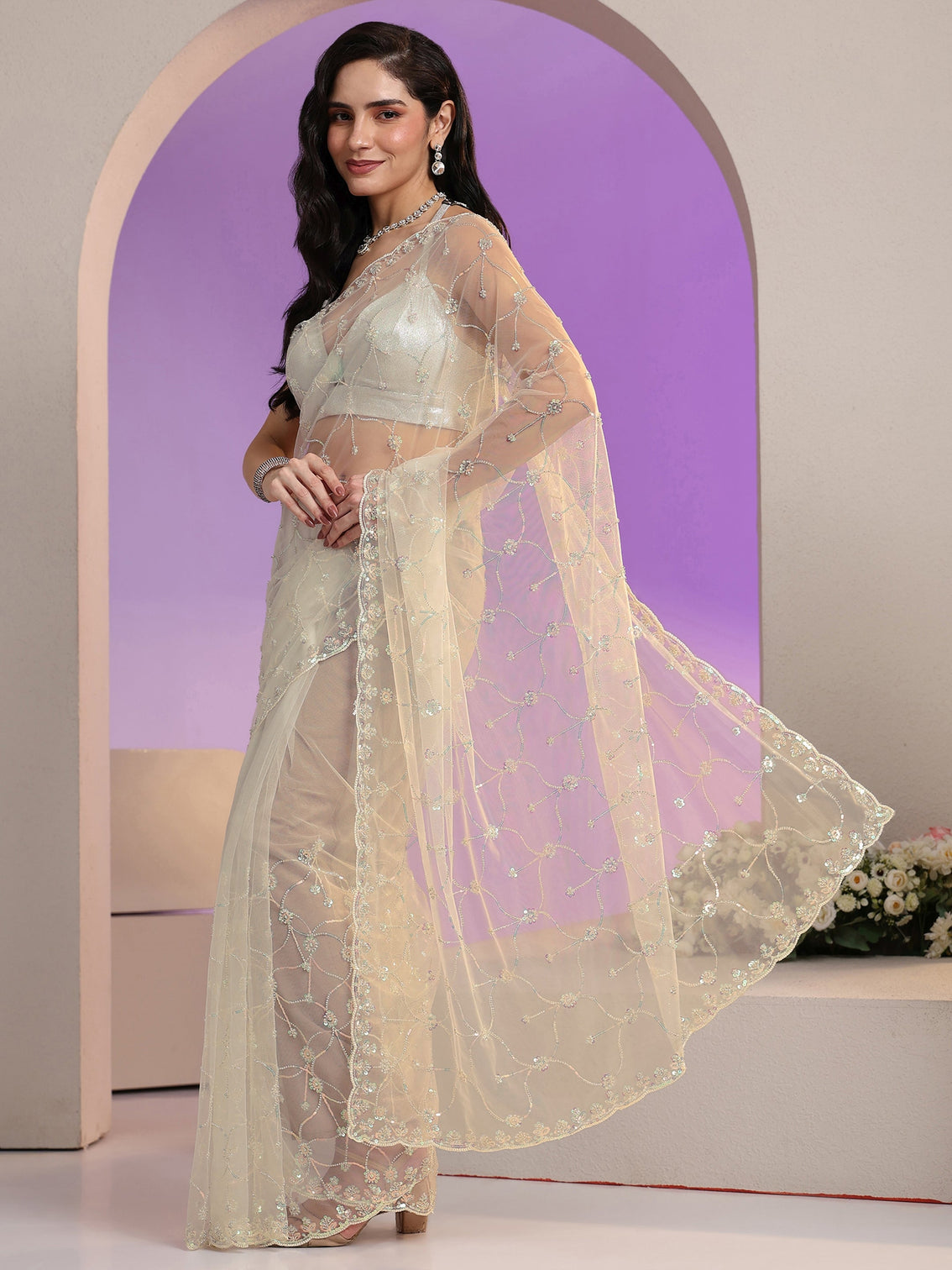Mameraa Cream Floral Embellished Net Saree