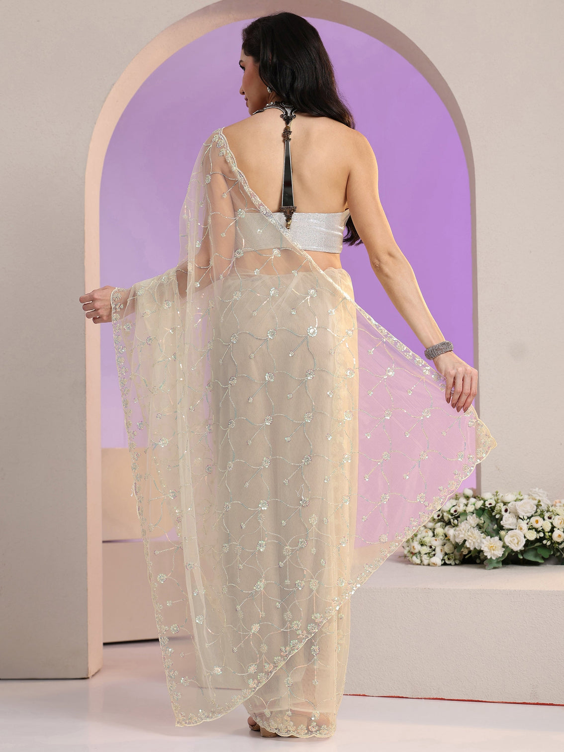 Mameraa Cream Floral Embellished Net Saree