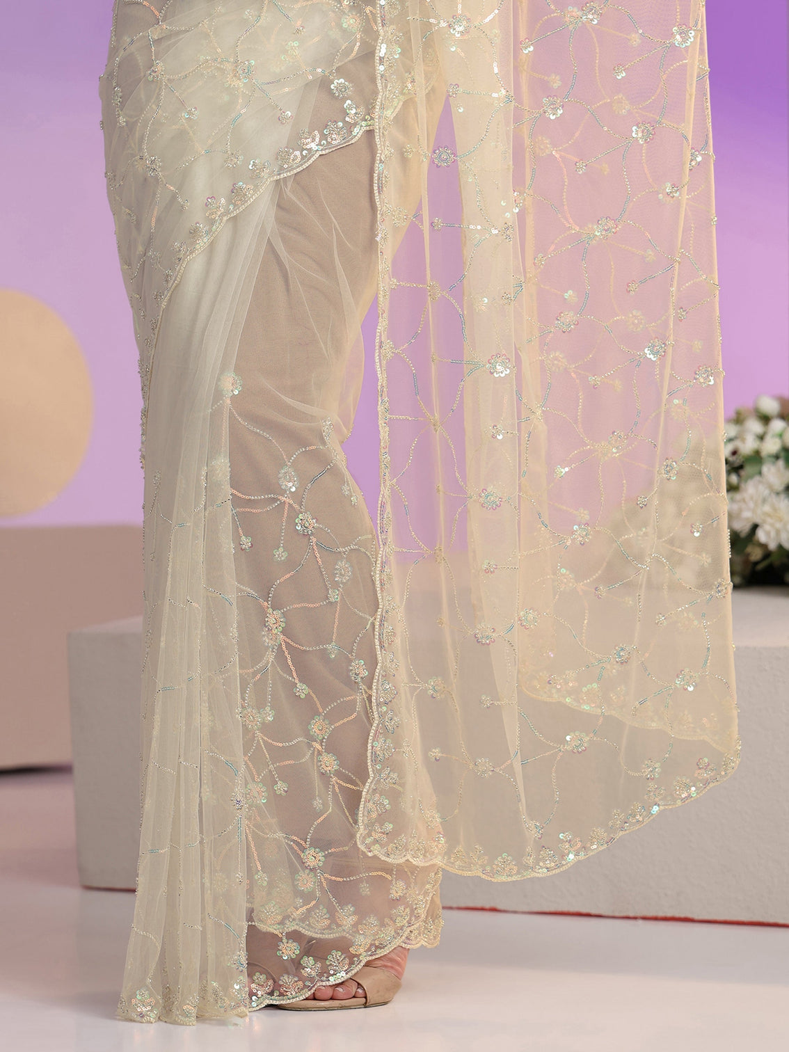 Mameraa Cream Floral Embellished Net Saree