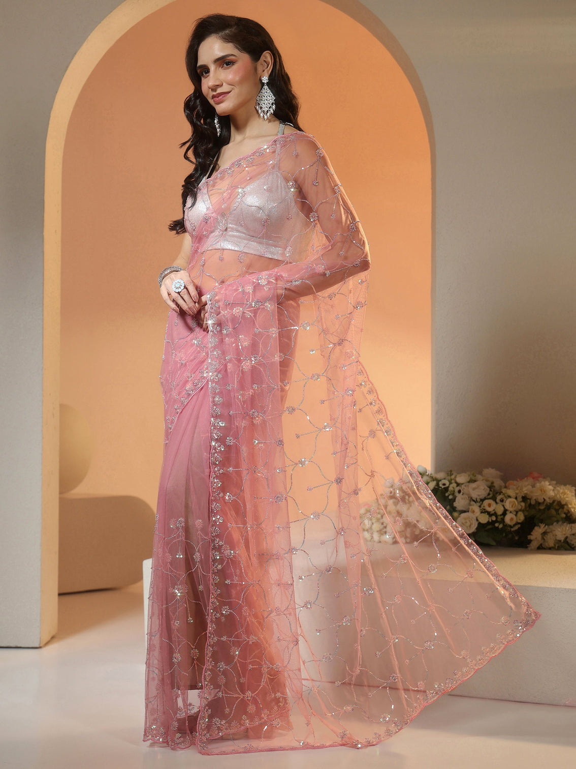 Mameraa Baby Pink Floral Embellished Net Saree