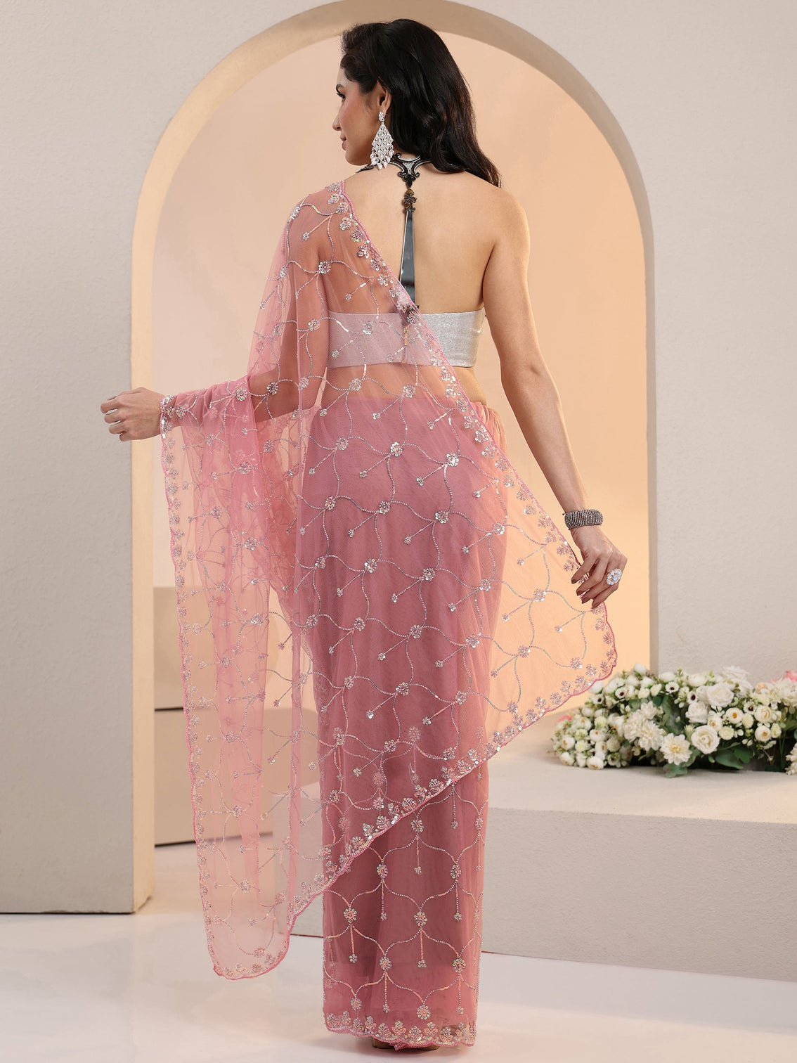 Mameraa Baby Pink Floral Embellished Net Saree