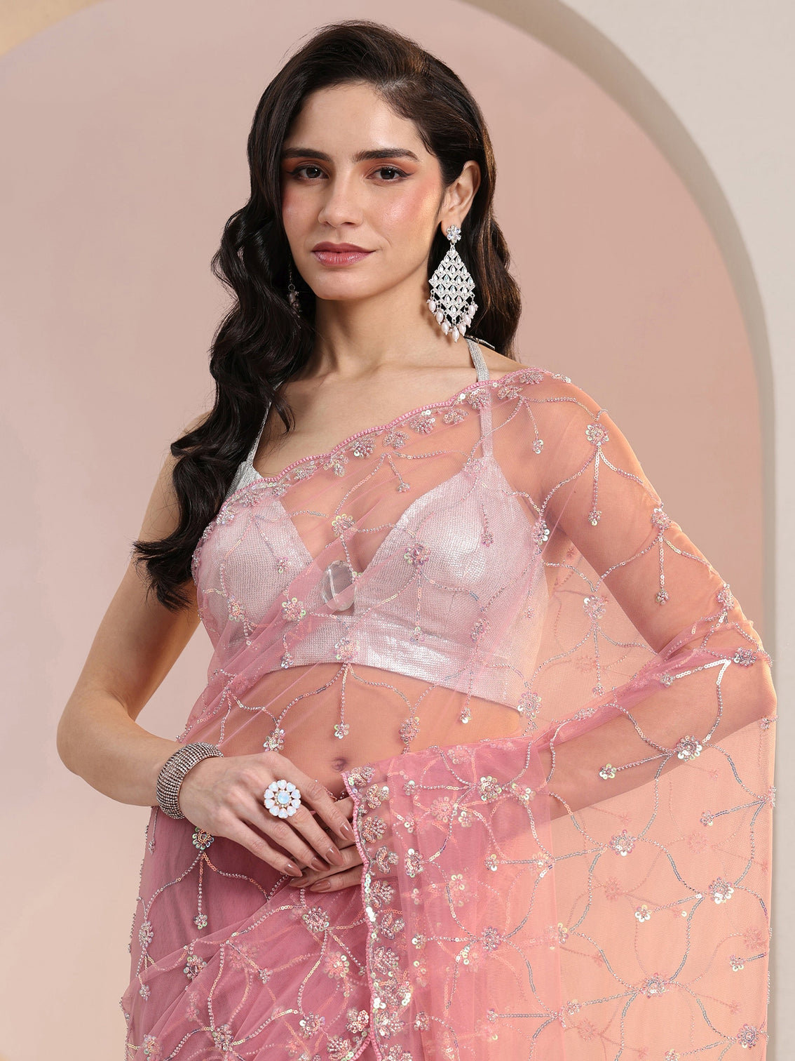 Mameraa Baby Pink Floral Embellished Net Saree