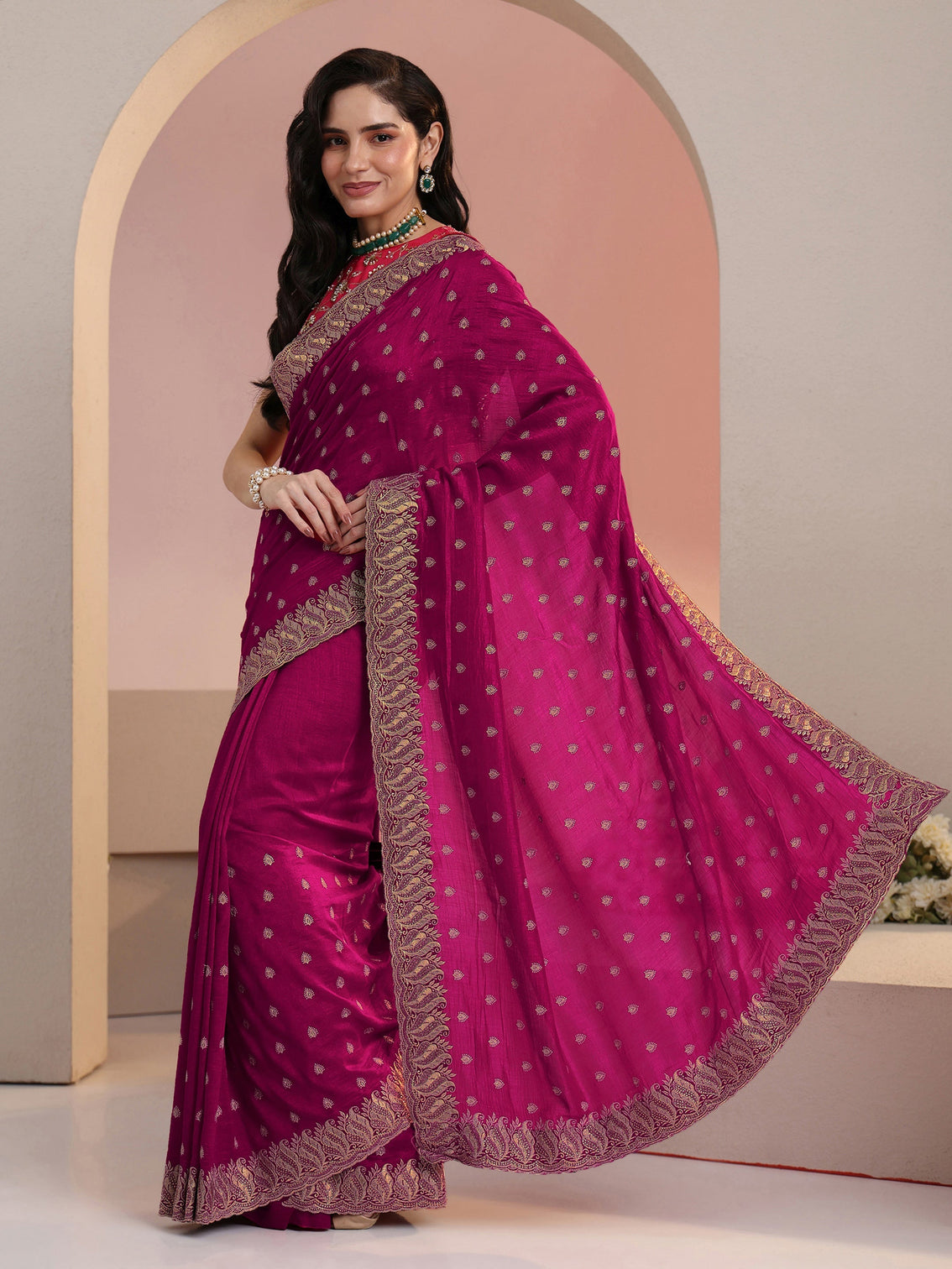 Mameraa Rani Pink Embroidered Silk Blend Saree