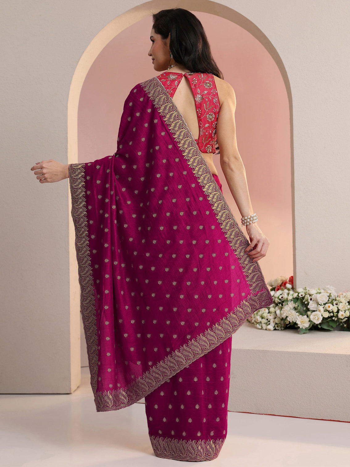 Mameraa Rani Pink Embroidered Silk Blend Saree
