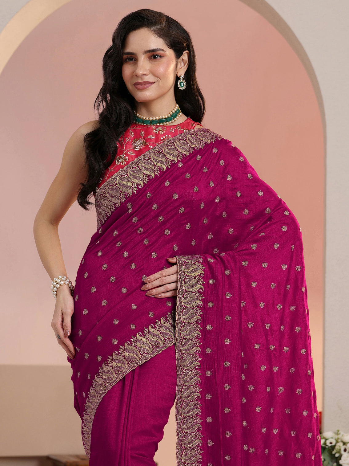 Mameraa Rani Pink Embroidered Silk Blend Saree