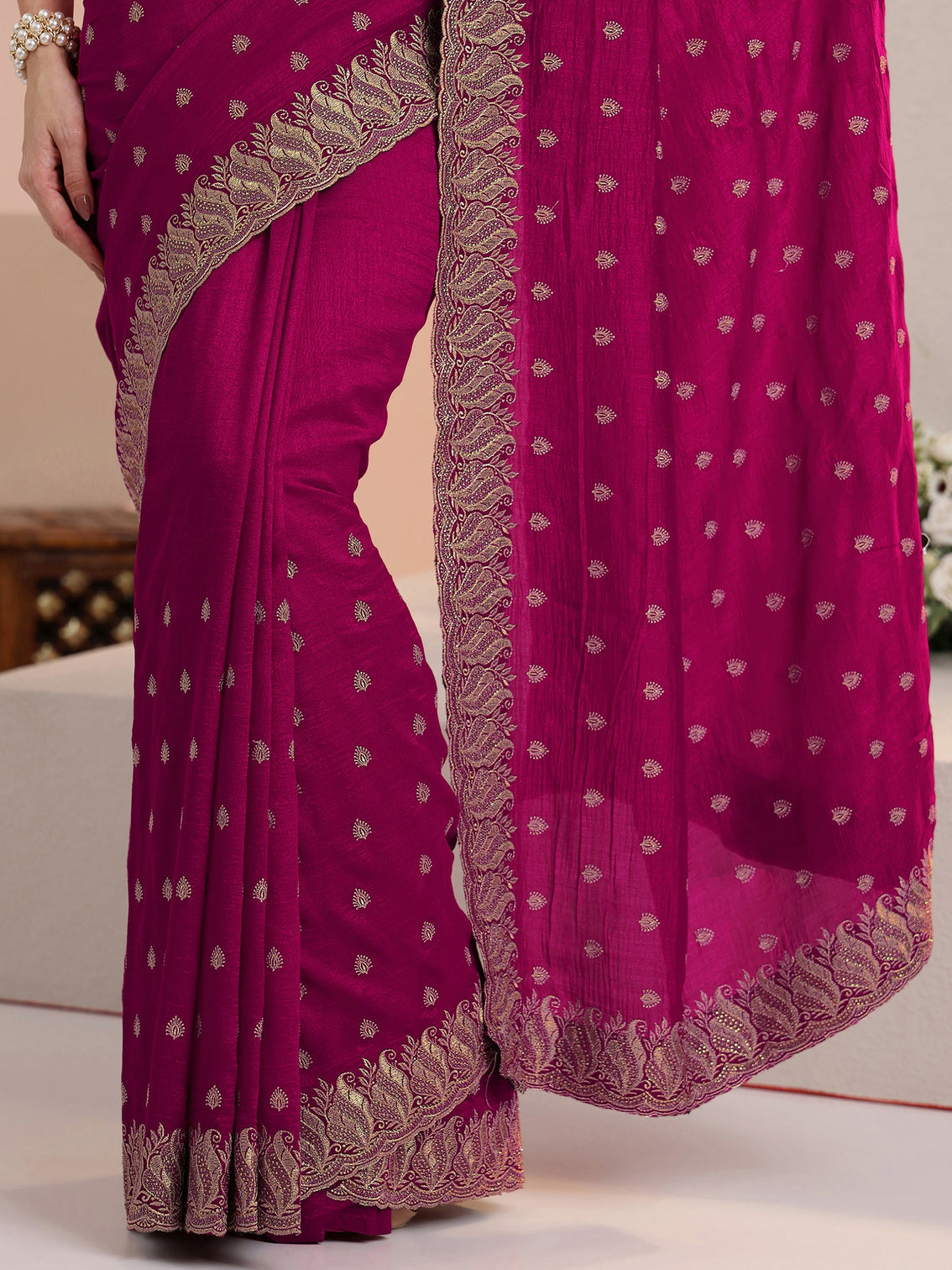 Mameraa Rani Pink Embroidered Silk Blend Saree